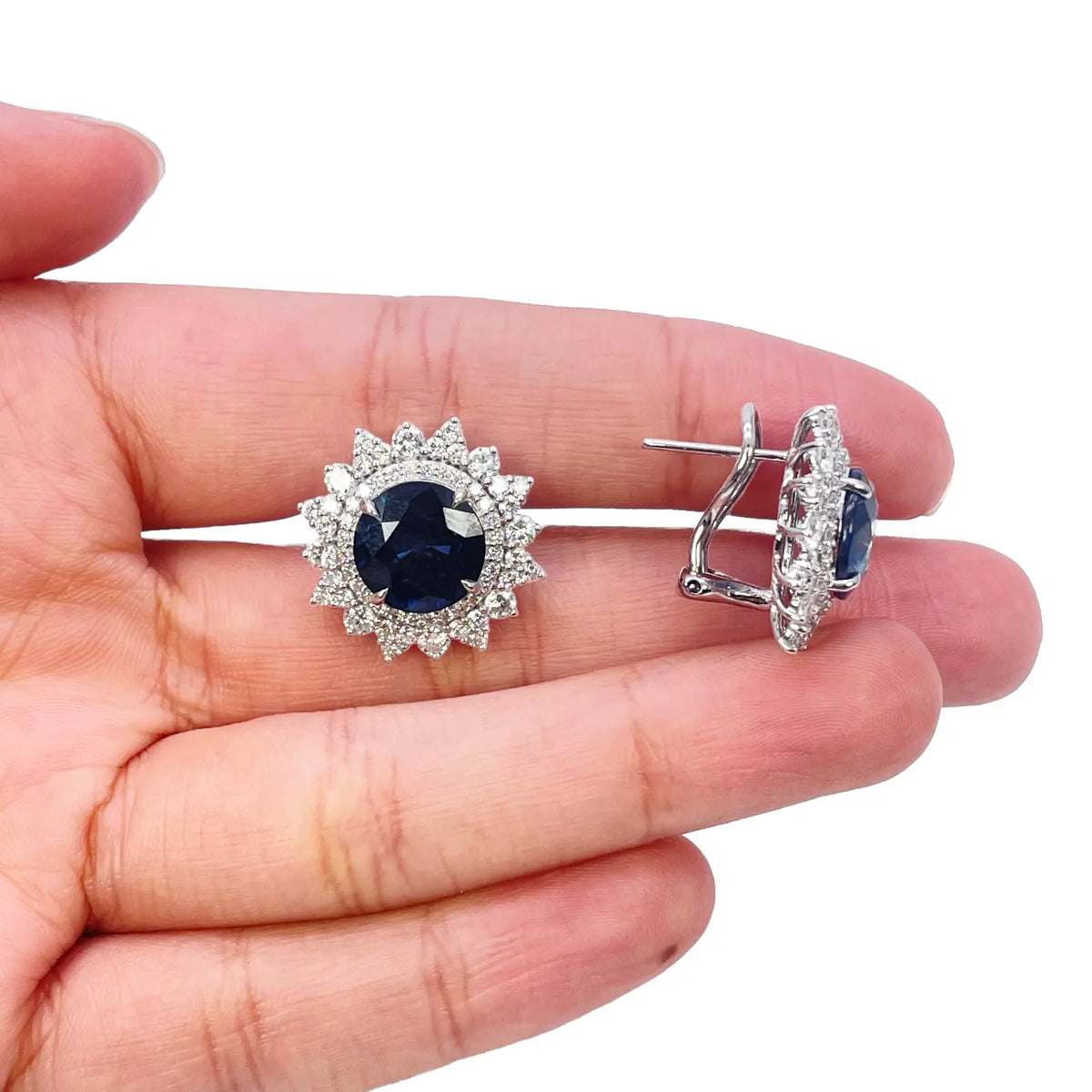 14ct White Gold Floral Natural Sapphire & Diamond Cluster Halo Earrings 10.45ct