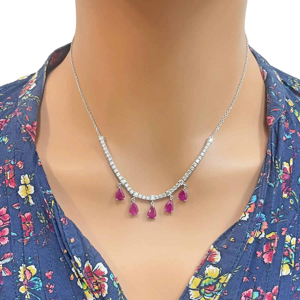14ct White Gold Natural Round Diamond & Pear Ruby Chain Necklace 17 inches 5.91ct