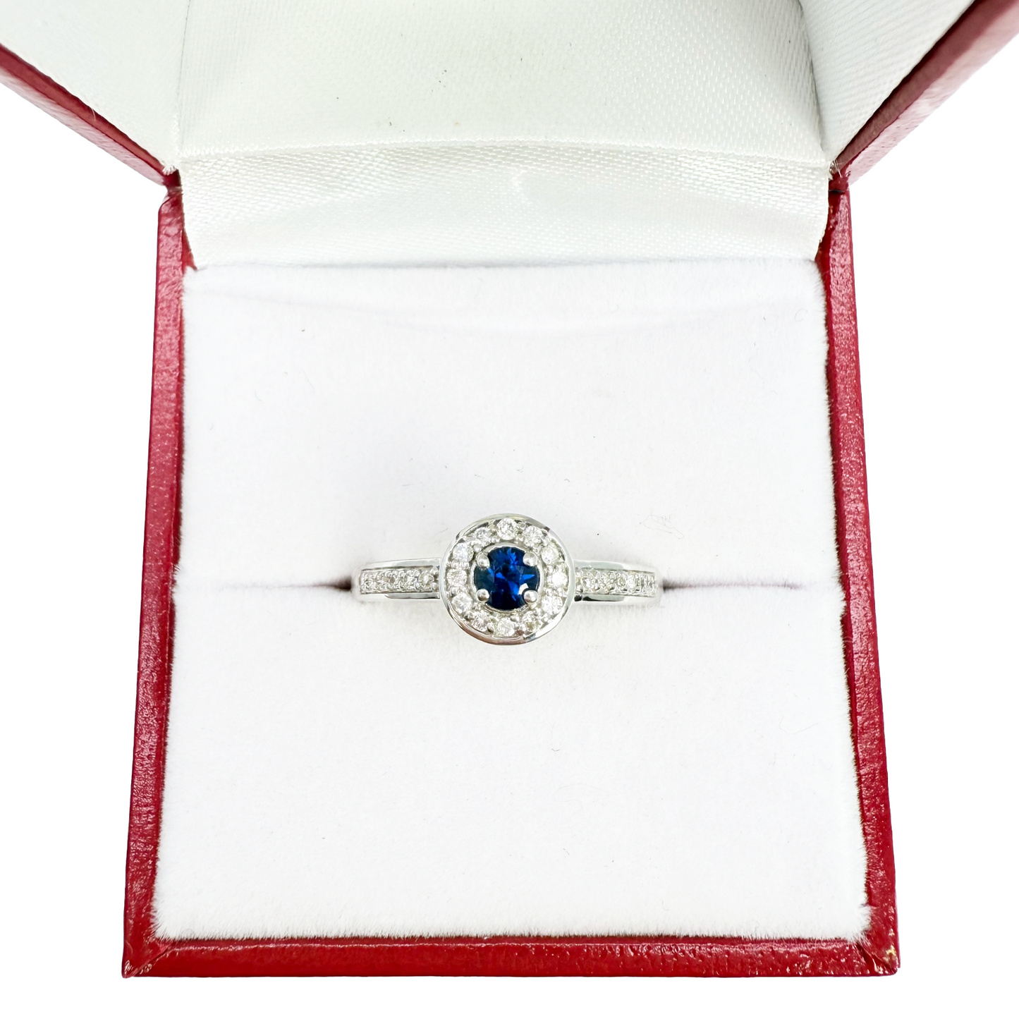 Bague demi-éternité en or 18 carats avec saphir bleu naturel et halo de diamants ronds 0.35ct