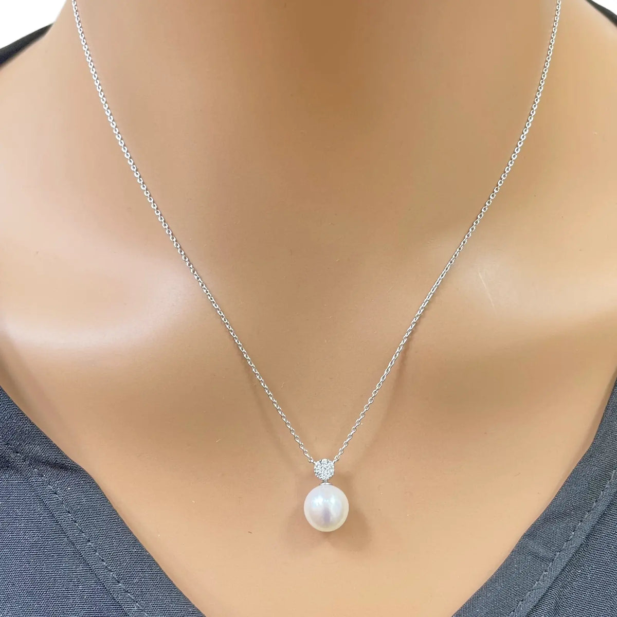 18ct Gold Natural Freshwater Pearl & Diamond Pendant Necklace 0.05ct 17 Inches