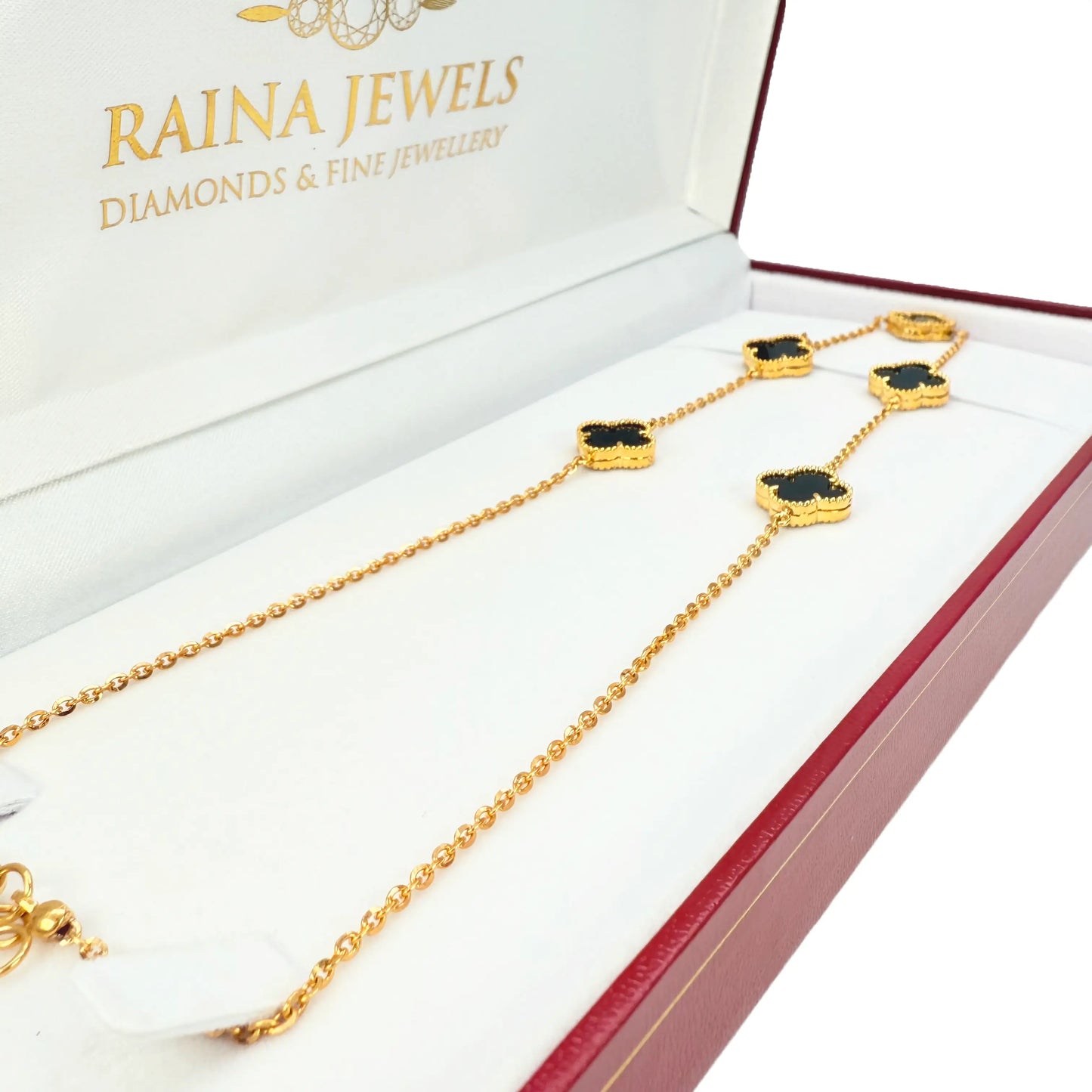 22ct Yellow Gold Black Onyx Clover Necklace 18 Inches Diamond Bracelets