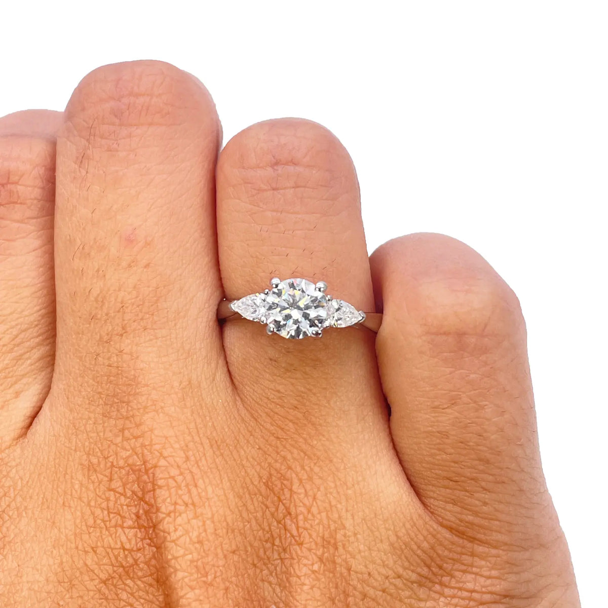 Platinum Round & Pear Natural Diamond Claw Set Trilogy Ring 0.95ct GIA Certified Diamond Ring