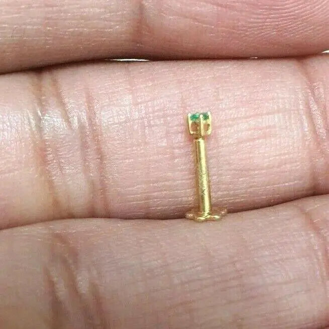 18ct Yellow Gold & Green Emerald Nose Stud / Nose Pin 0.02 Carats 4-Claw 2.0 mm
