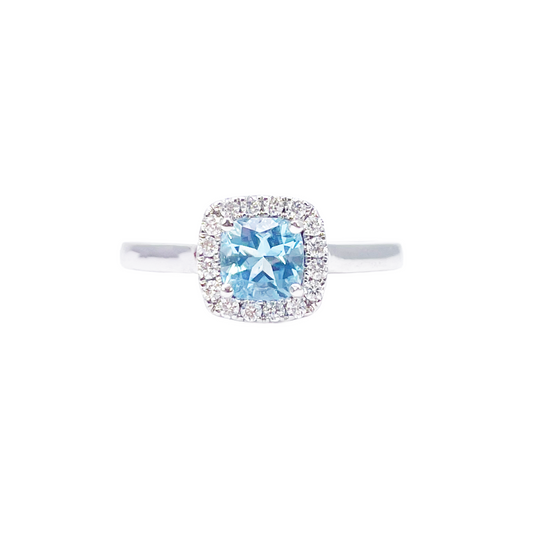 Bague coussin en or blanc 18 carats avec aigue-marine et diamants, serti halo, 0,70 carat