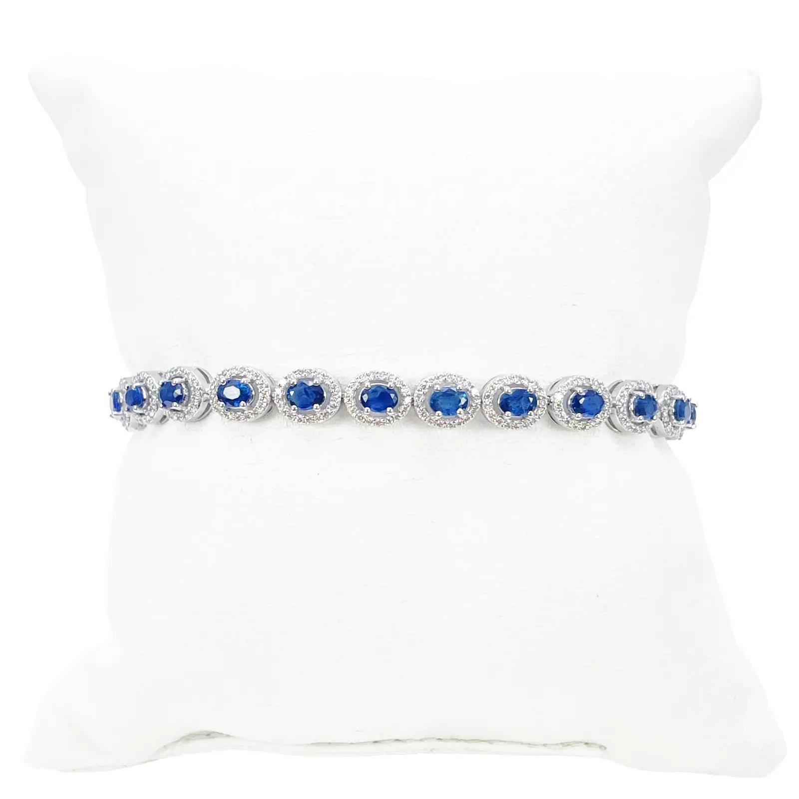14ct White Gold Diamond & Blue Sapphire Cluster Tennis Bracelet 6.40ct 7 Inches  Diamond Bracelets