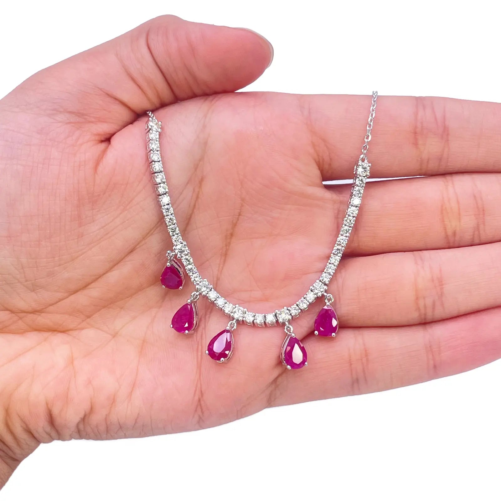 14ct White Gold Natural Round Diamond & Pear Ruby Chain Necklace 17 inches 5.91ct 