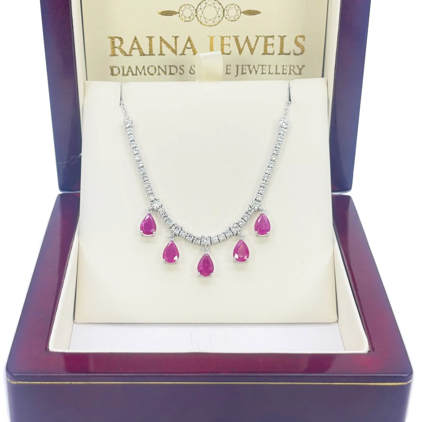 14ct White Gold Natural Round Diamond & Pear Ruby Chain Necklace 17 inches 5.91ct 