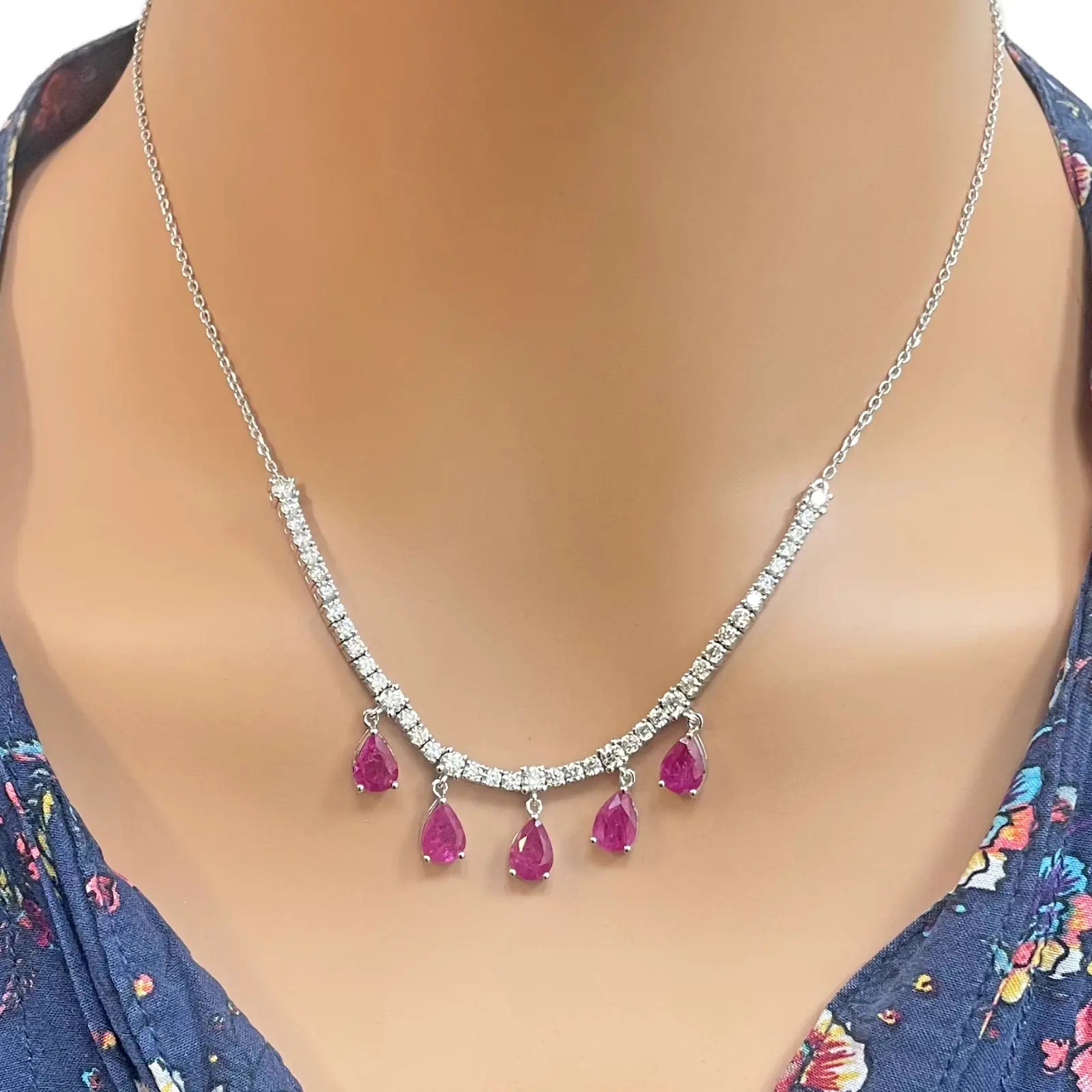 14ct White Gold Natural Round Diamond & Pear Ruby Chain Necklace 17 inches 5.91ct 