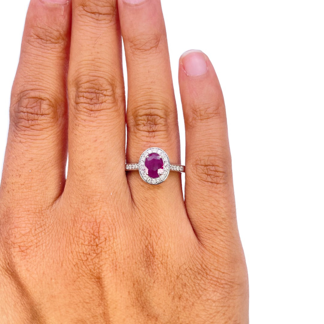 18ct White Gold Natural Oval Ruby & Round Diamond Halo Ring 1.00ct