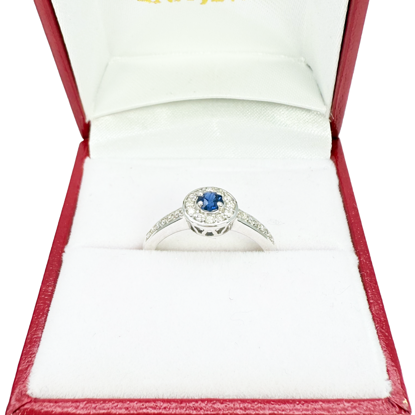 Bague demi-éternité en or 18 carats avec saphir bleu naturel et halo de diamants ronds 0.35ct
