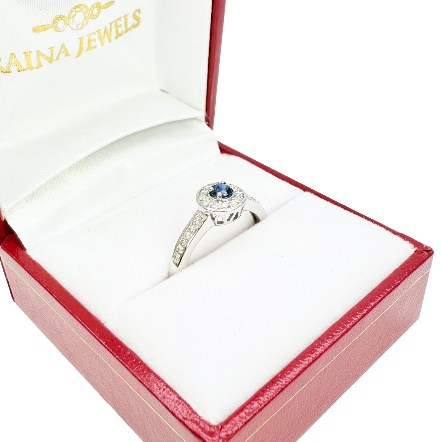 Bague demi-éternité en or 18 carats avec saphir bleu naturel et halo de diamants ronds 0.35ct