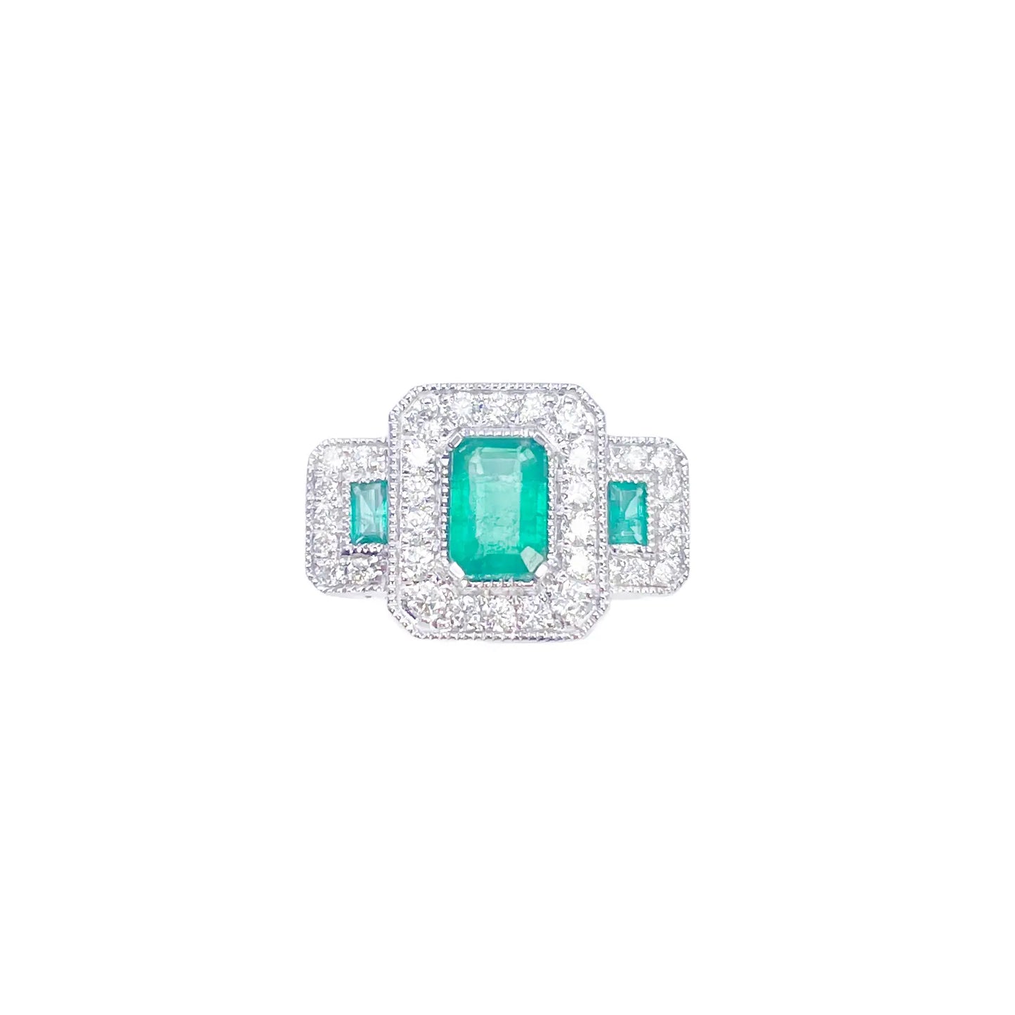 18ct Gold Natural Emerald Diamond Halo Ring Round & Emerald Cut 0.95ct  Diamond Ring
