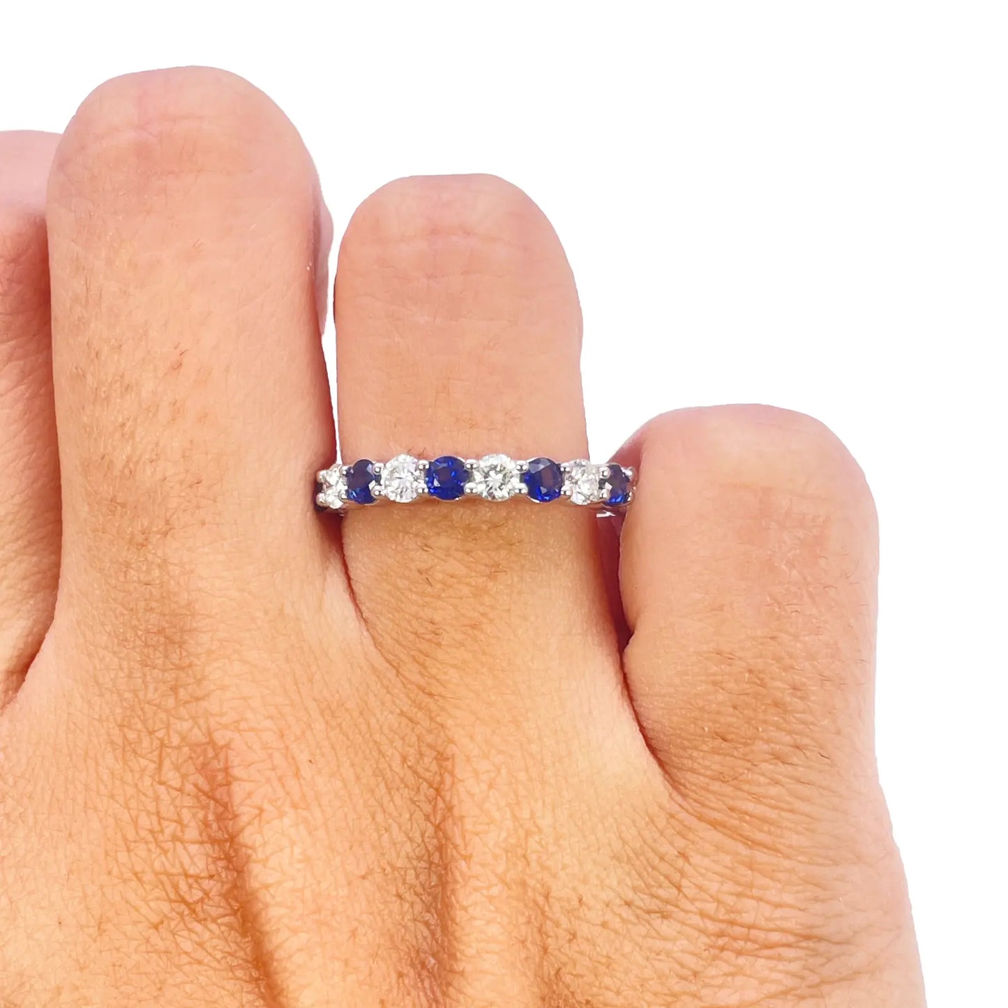 18ct Gold Natural Round Diamond & Sapphire Half Eternity Stackable Band 1.20ct  Diamond Ring