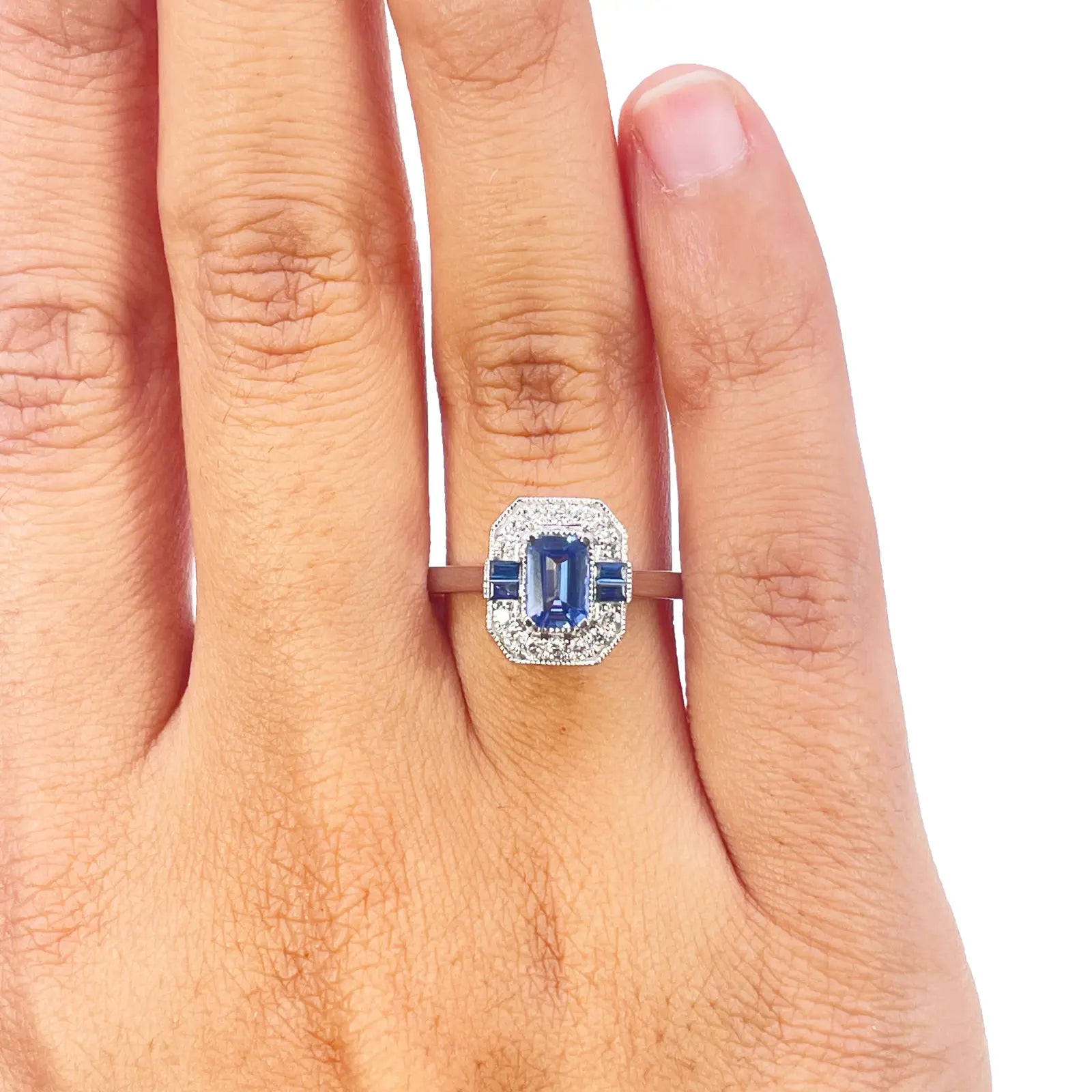 18ct Gold Natural Sapphire Diamond Halo Ring Round & Emerald Cut 1.00ct  Diamond Ring