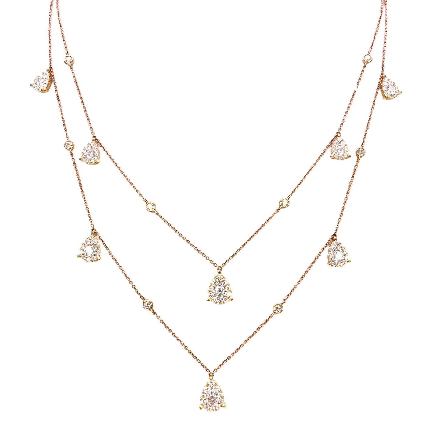 18ct Rose Gold Layered Necklace With Bezel & Claw Set Natural Round Diamonds 2.74ct 