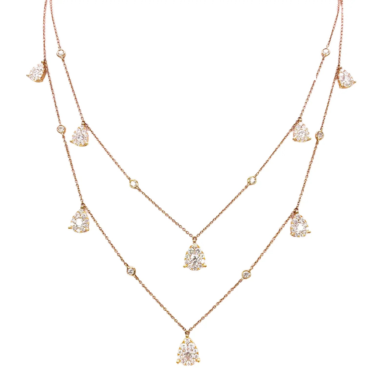18ct Rose Gold Layered Necklace With Bezel & Claw Set Natural Round Diamonds 2.74ct 