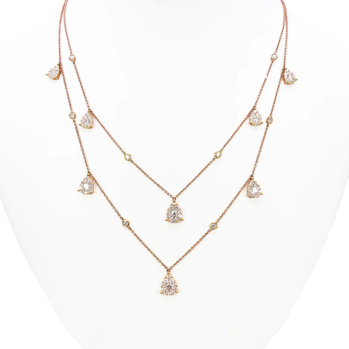 18ct Rose Gold Layered Necklace With Bezel & Claw Set Natural Round Diamonds 2.74ct 