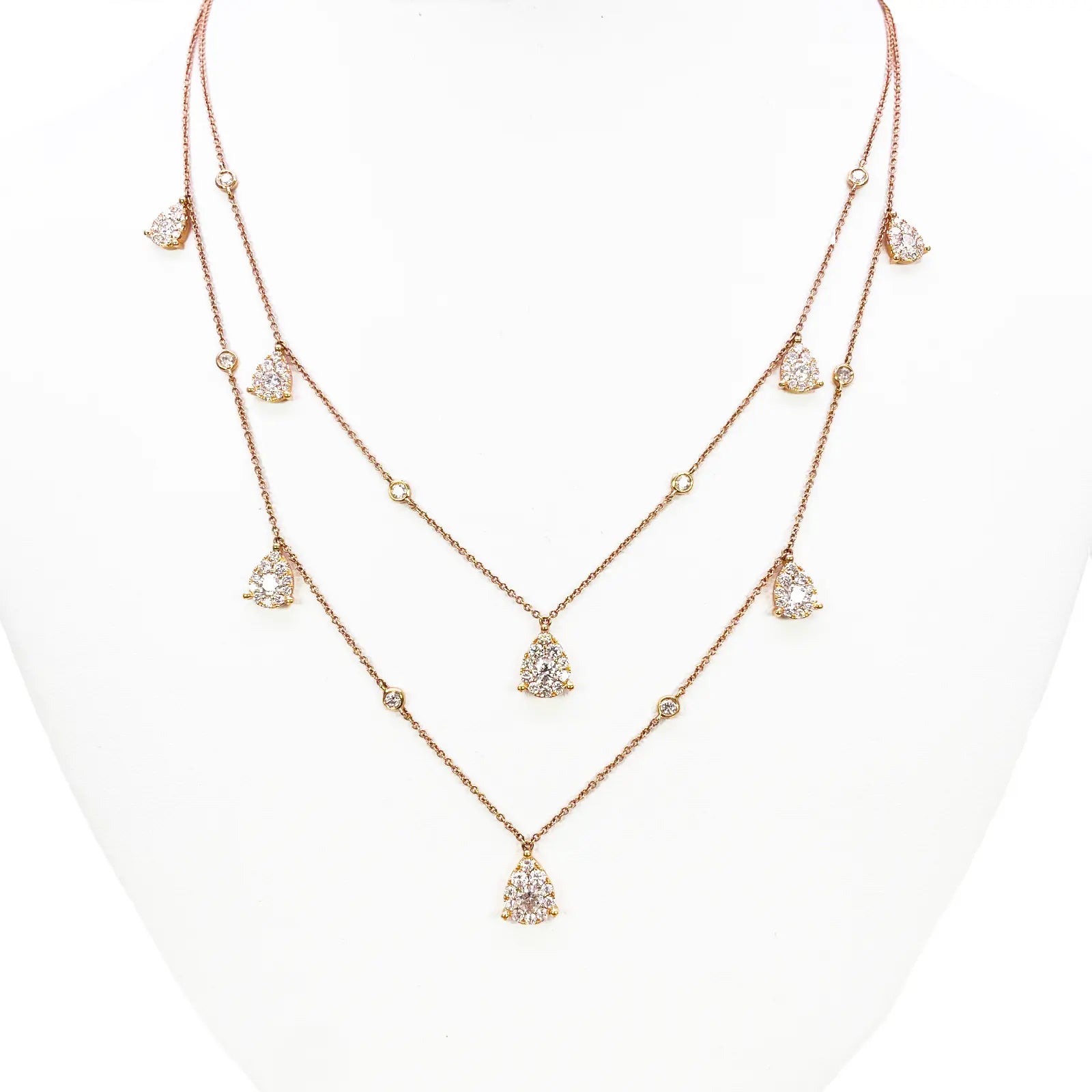 18ct Rose Gold Layered Necklace With Bezel & Claw Set Natural Round Diamonds 2.74ct 