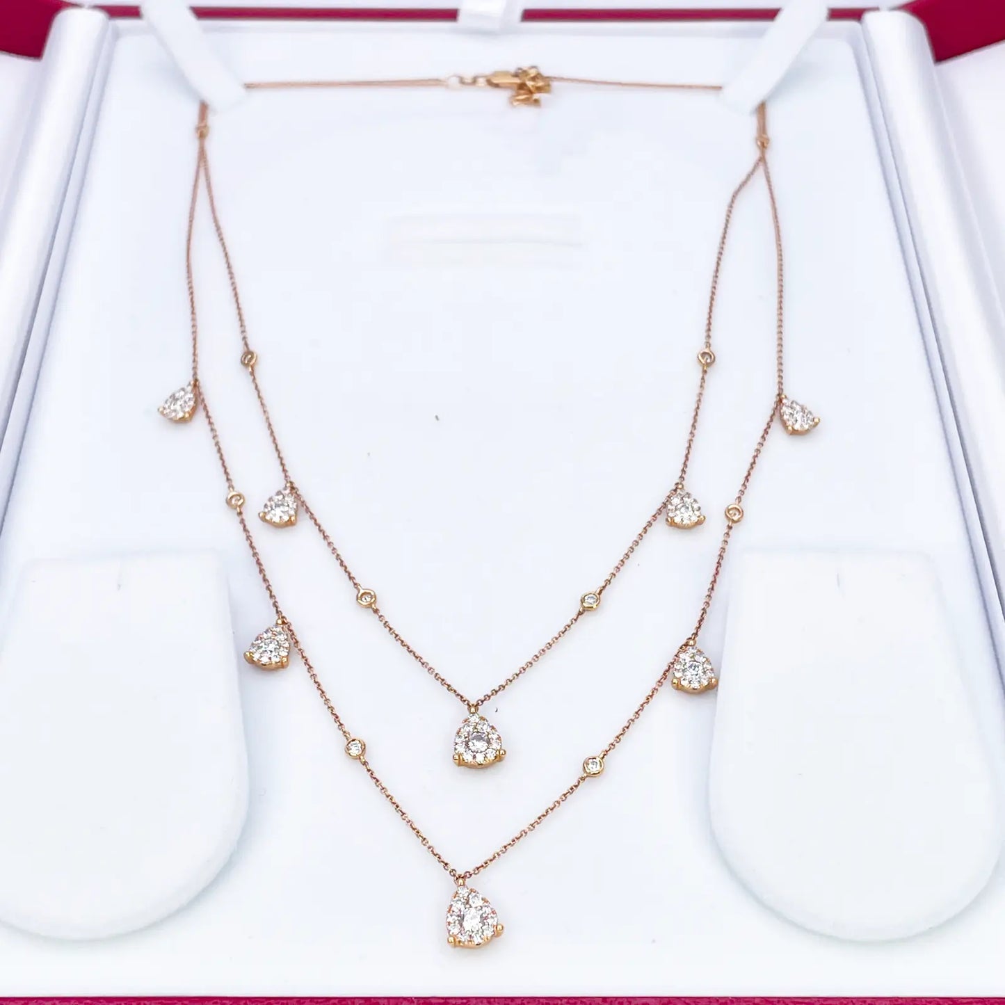 18ct Rose Gold Layered Necklace With Bezel & Claw Set Natural Round Diamonds 2.74ct 