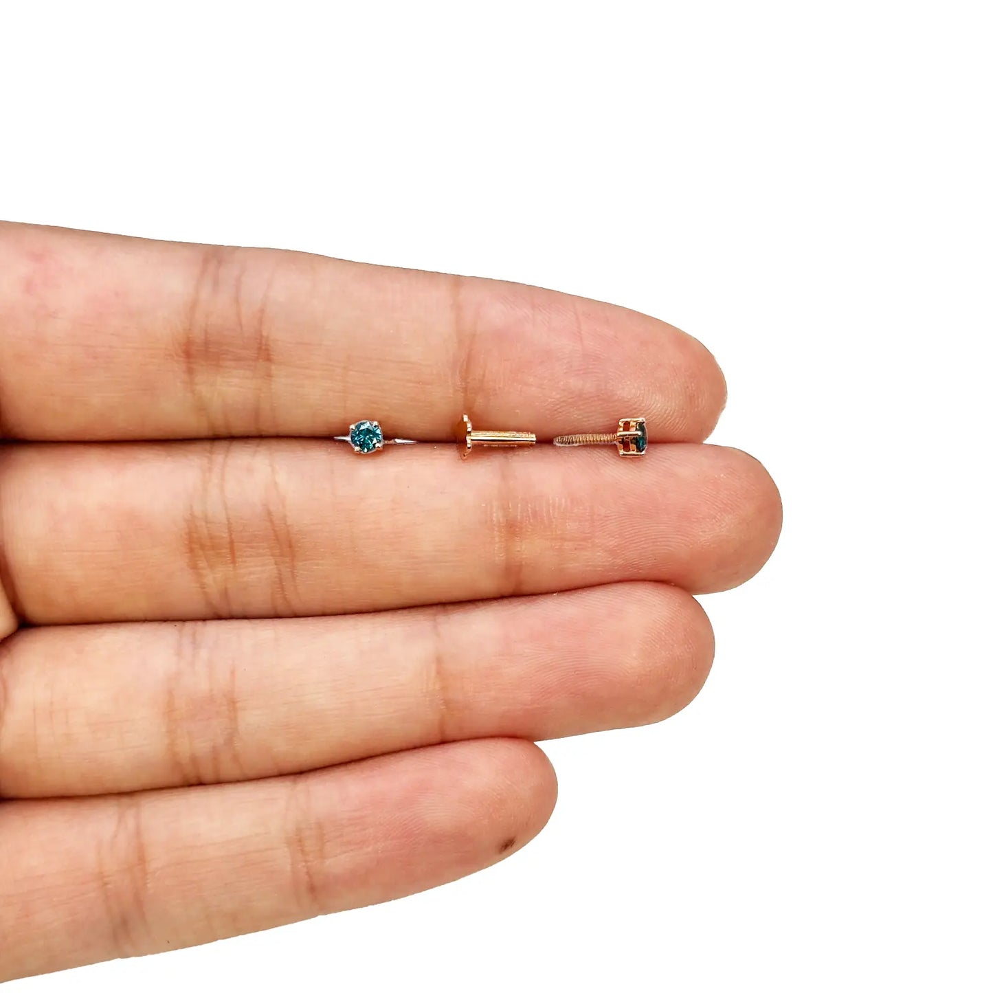 18ct Rose Gold & Natural Round 4-Claw Blue Diamond Children's Earrings 0.15ct 