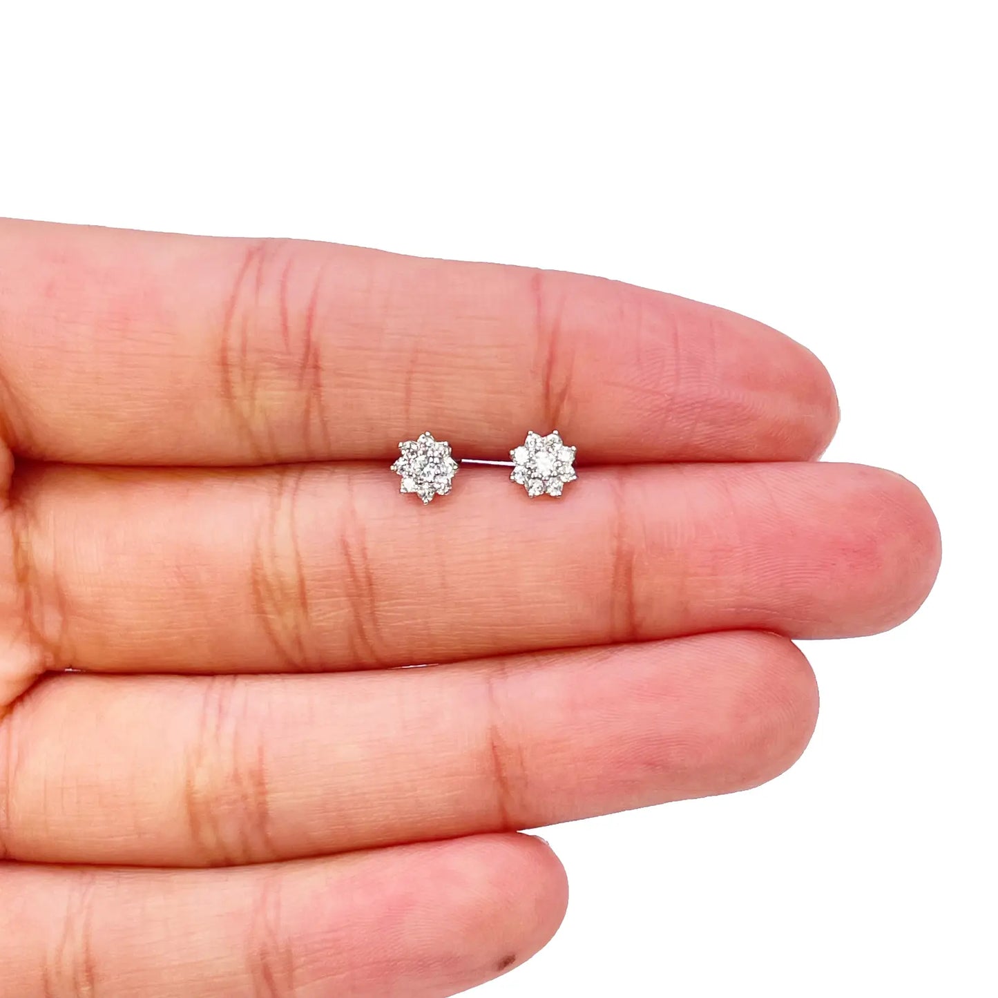 18ct White Gold Beautiful Eight Petal Cubic Zirconia Floral Children's Earrings 5.5mm Length 