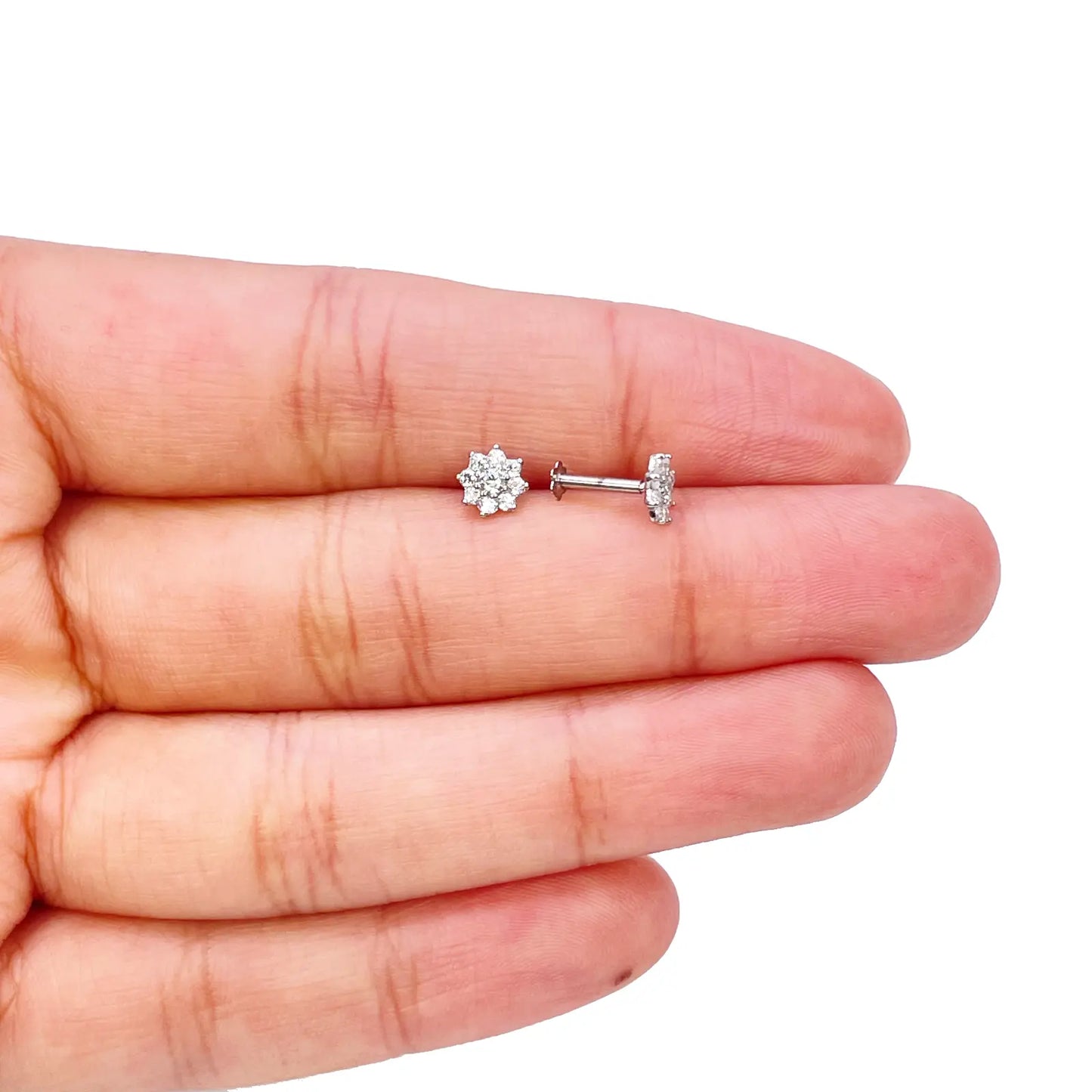 18ct White Gold Beautiful Eight Petal Cubic Zirconia Floral Children's Earrings 5.5mm Length 