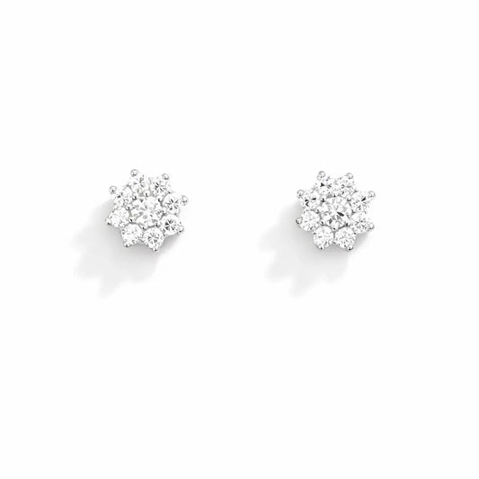 Boucles d'oreilles enfant motif fleur à huit pétales en oxyde de zirconium, or blanc 18 carats, longueur 5,5 mm