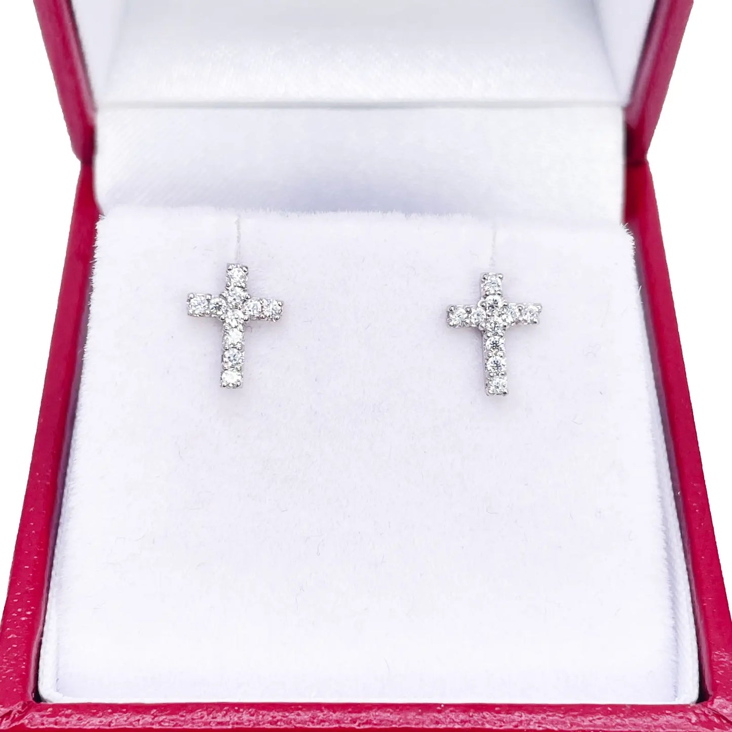 18ct White Gold Cubic  Zirconia Tiny Cross Children's Earrings 8mm Length 