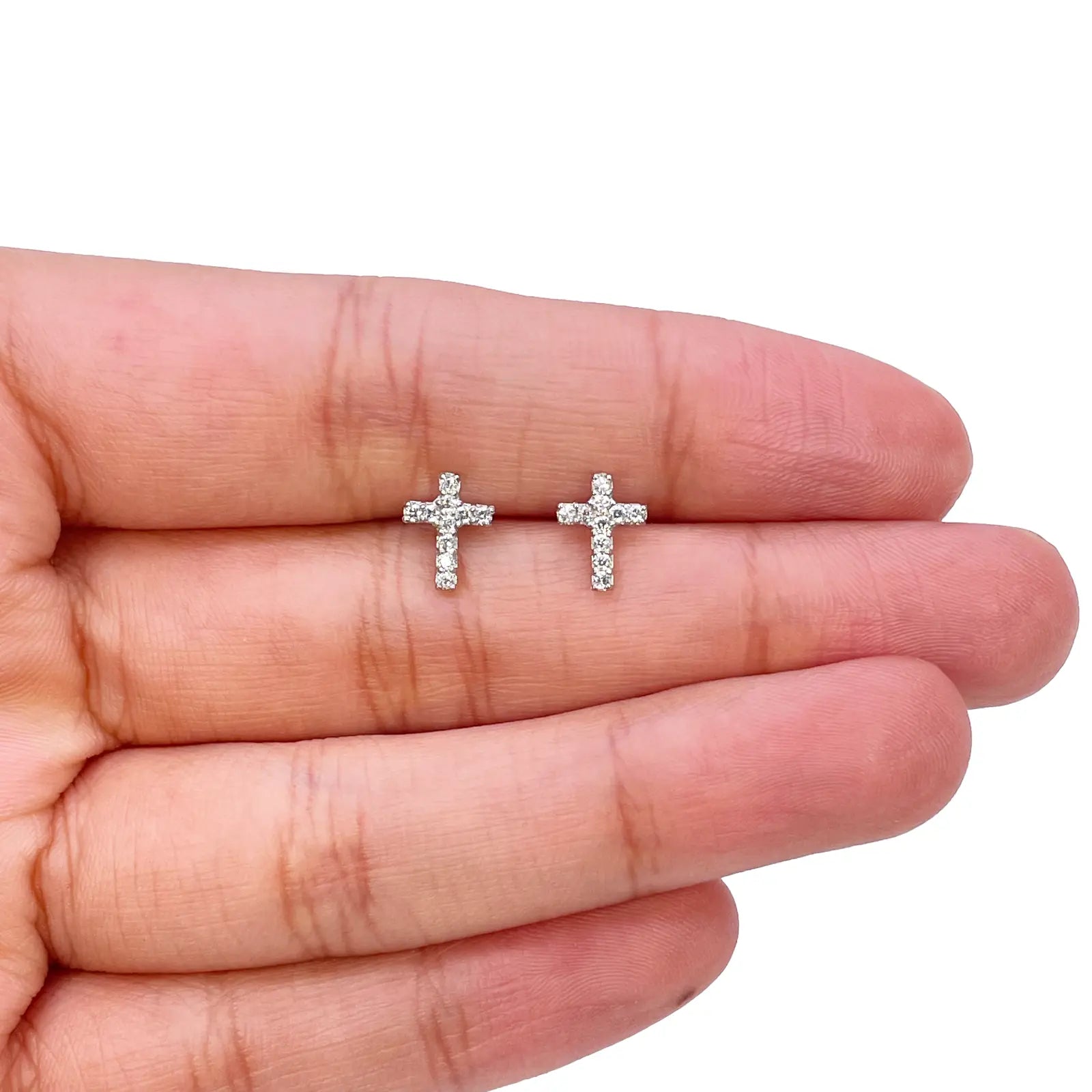 18ct White Gold Cubic  Zirconia Tiny Cross Children's Earrings 8mm Length 