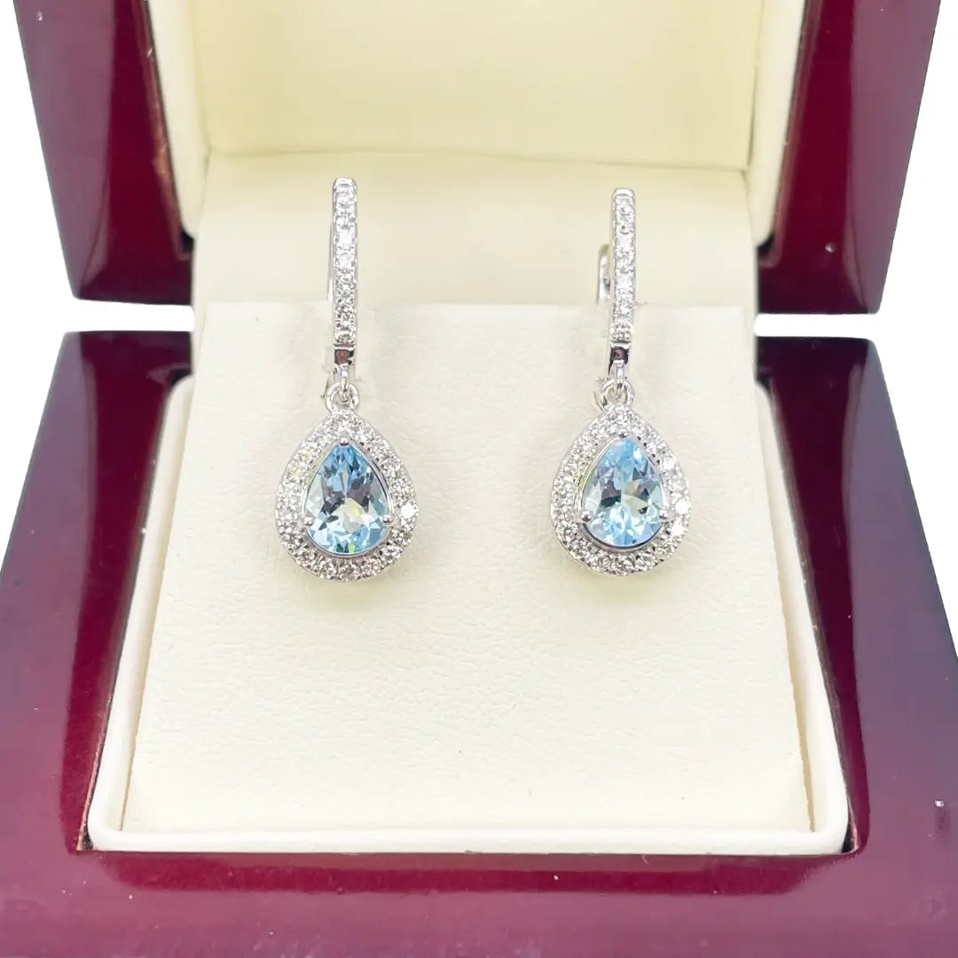 18ct White Gold Diamond & Blue Aquamarine Pear Halo Hoop Earrings 1.58ct 