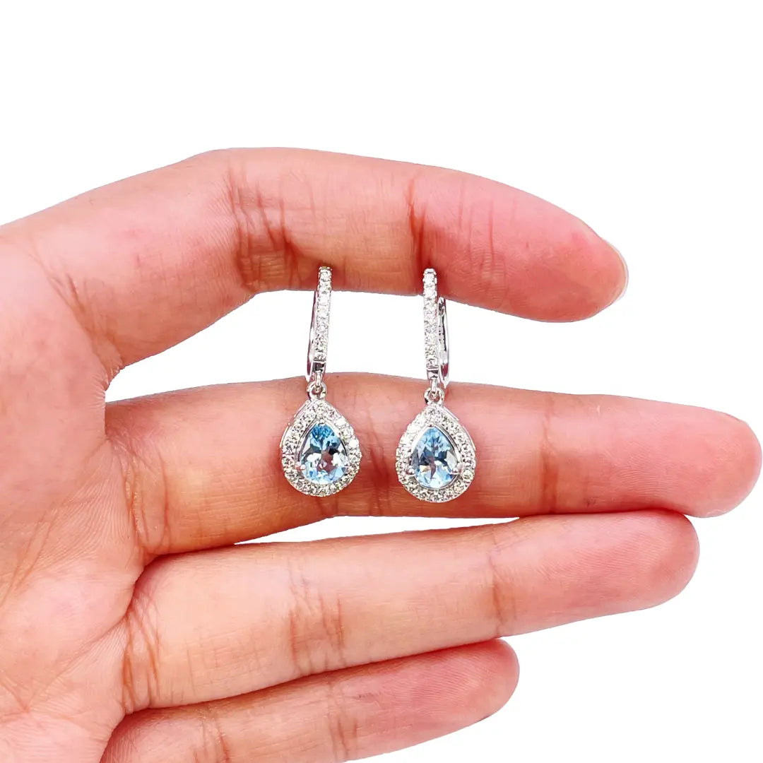 18ct White Gold Diamond & Blue Aquamarine Pear Halo Hoop Earrings 1.58ct 