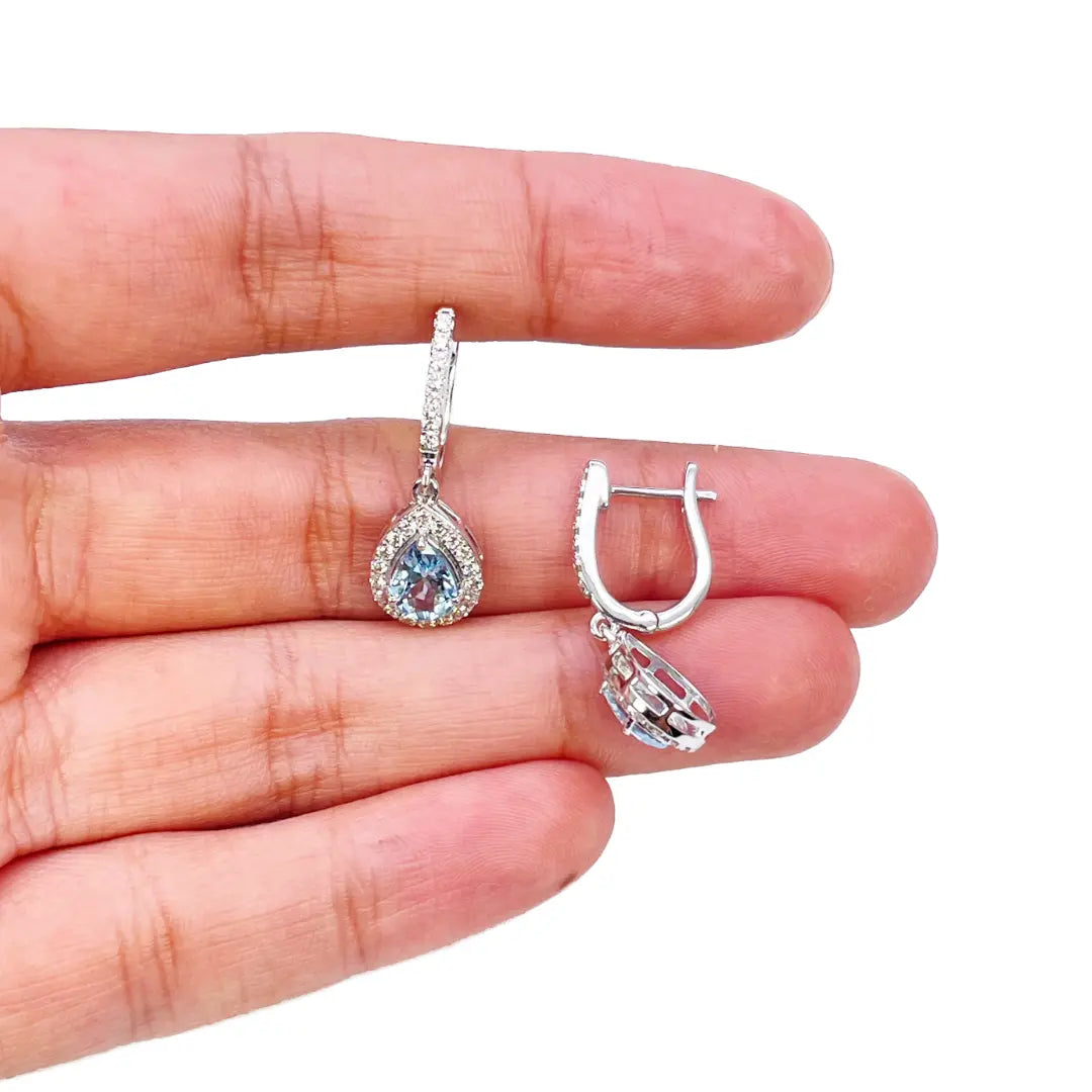 18ct White Gold Diamond & Blue Aquamarine Pear Halo Hoop Earrings 1.58ct 