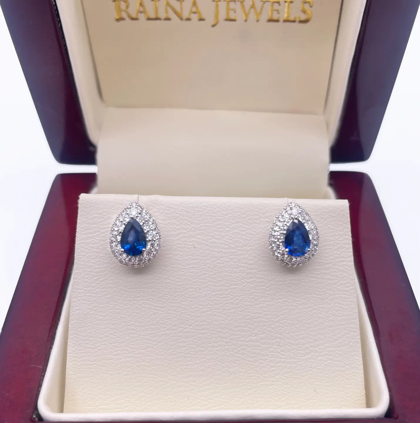 18ct White Gold Double Row Halo Diamond & Blue Sapphire Pear Shape Earring 0.46 