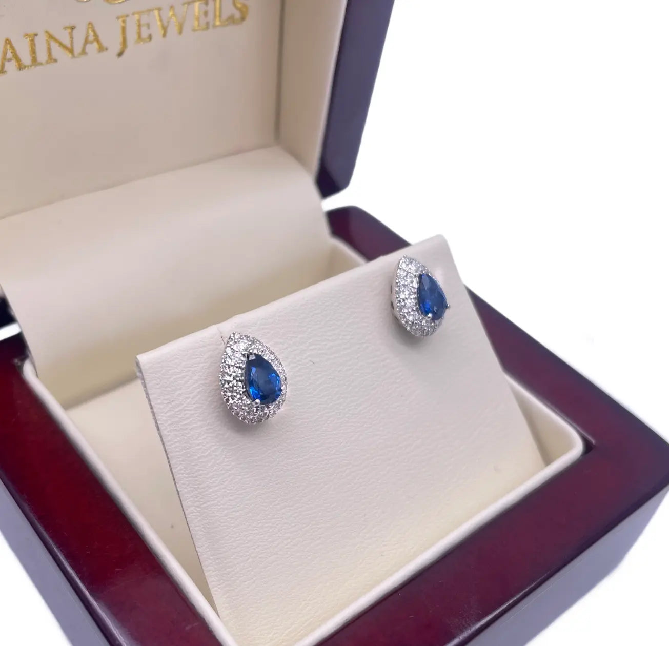 18ct White Gold Double Row Halo Diamond & Blue Sapphire Pear Shape Earring 0.46 
