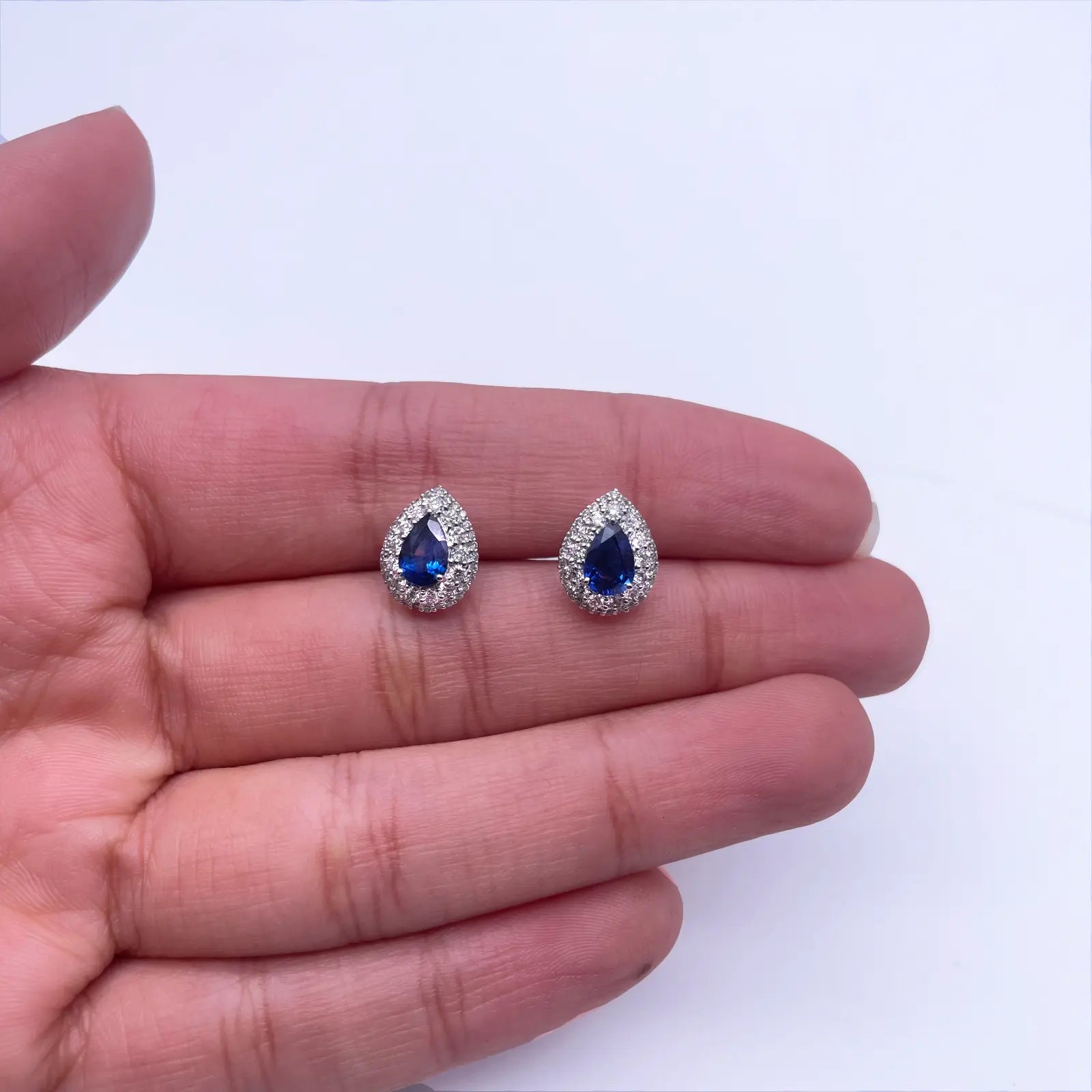18ct White Gold Double Row Halo Diamond & Blue Sapphire Pear Shape Earring 0.46 