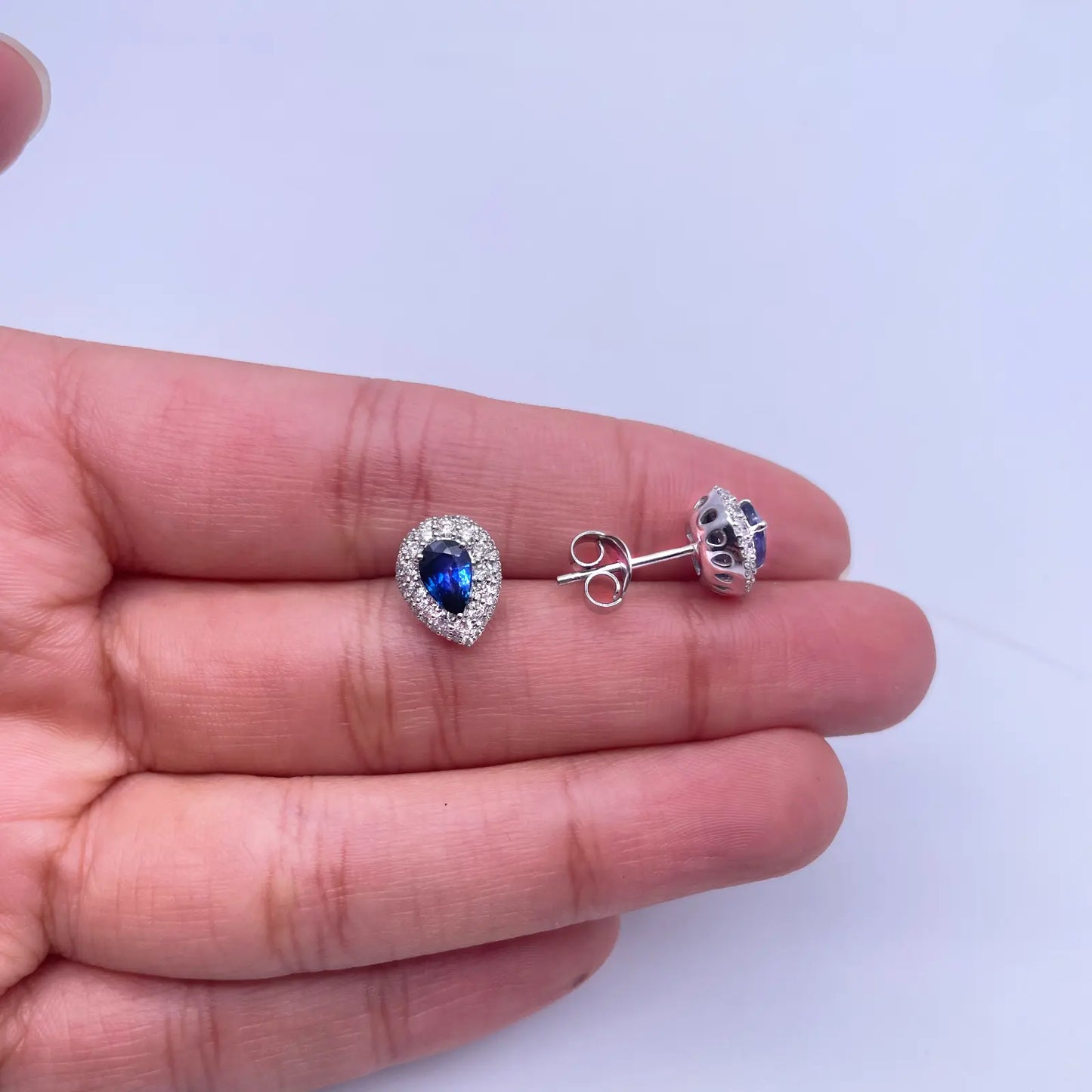 18ct White Gold Double Row Halo Diamond & Blue Sapphire Pear Shape Earring 0.46 