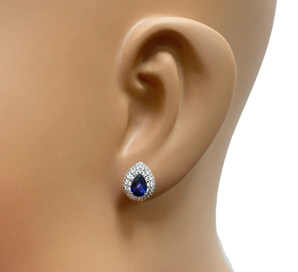 18ct White Gold Double Row Halo Diamond & Blue Sapphire Pear Shape Earring 0.46 