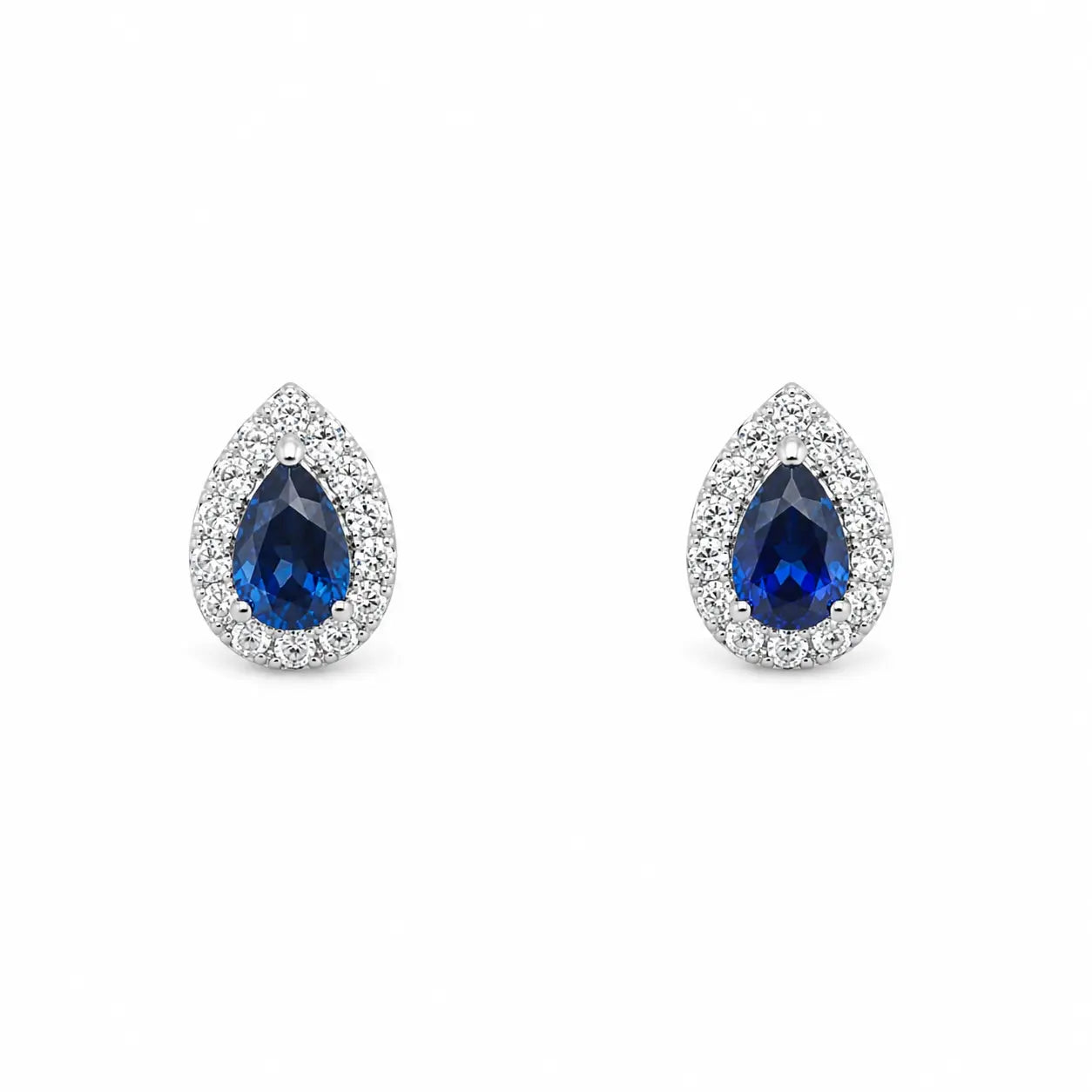 18ct White Gold Double Row Halo Diamond & Blue Sapphire Pear Shape Earring 0.46  Diamond earring