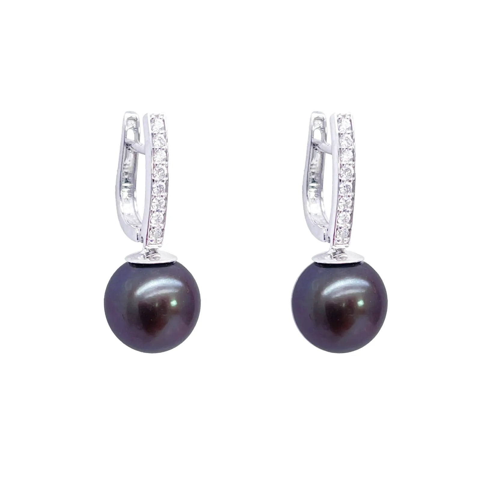 18ct White Gold Natural Diamonds & Freshwater Black Pearl Hoop Earrings 0.10ct 