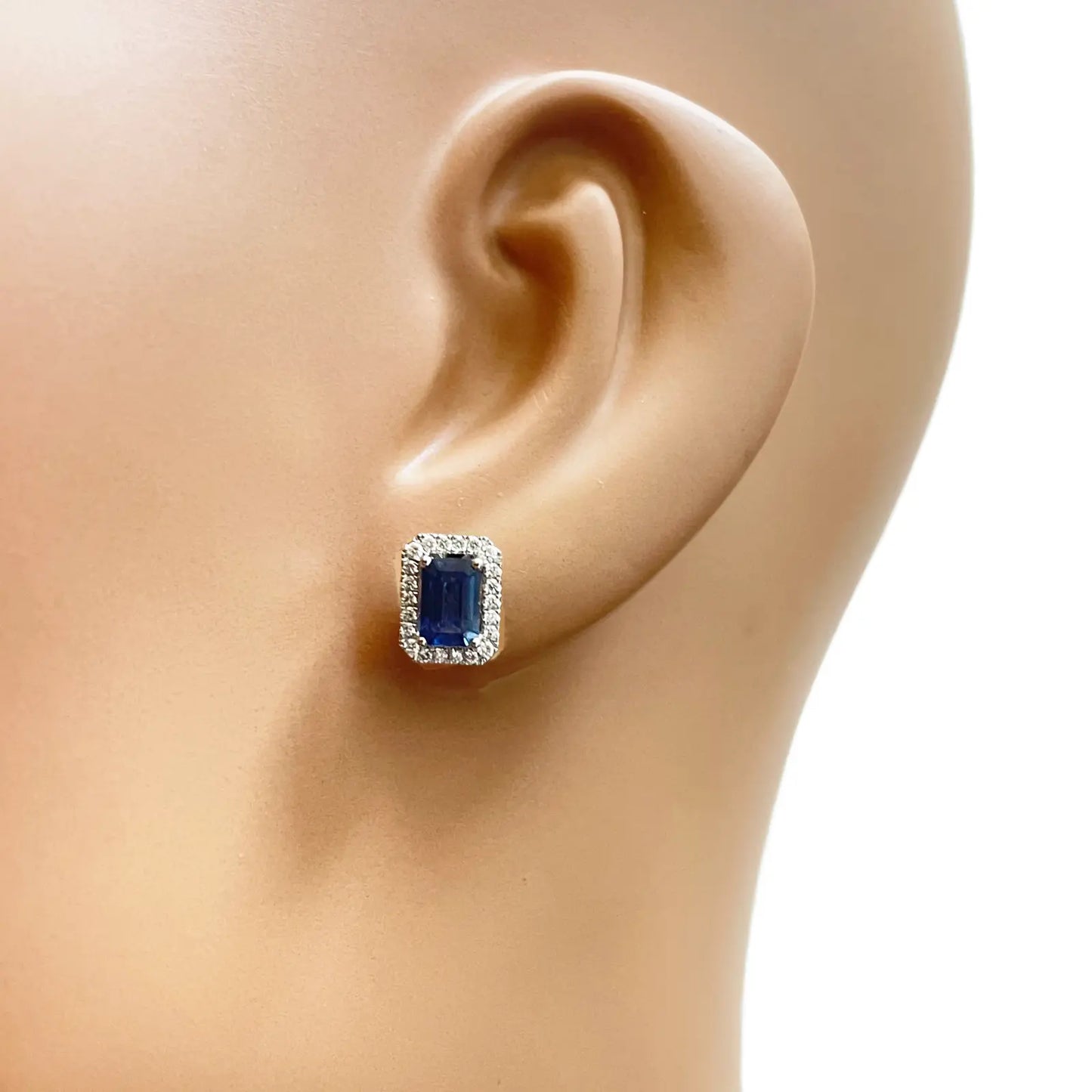 18ct White Gold Natural Emerald Cut Sapphire Round Diamond Stud Earrings 1.60ct 