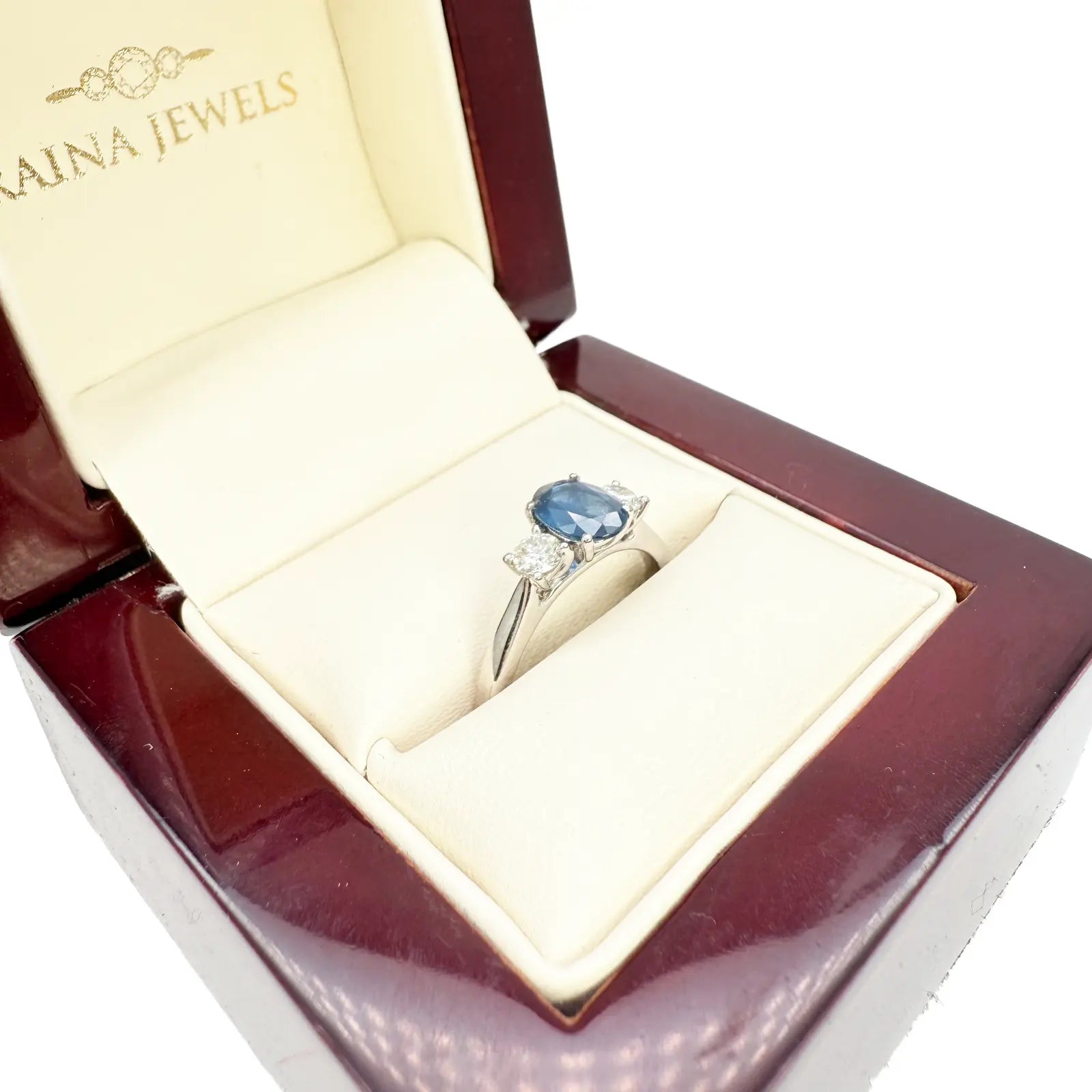 18ct White Gold Natural Oval Blue Sapphire & Round Diamond Trilogy Ring 1.00ct  Diamond Ring