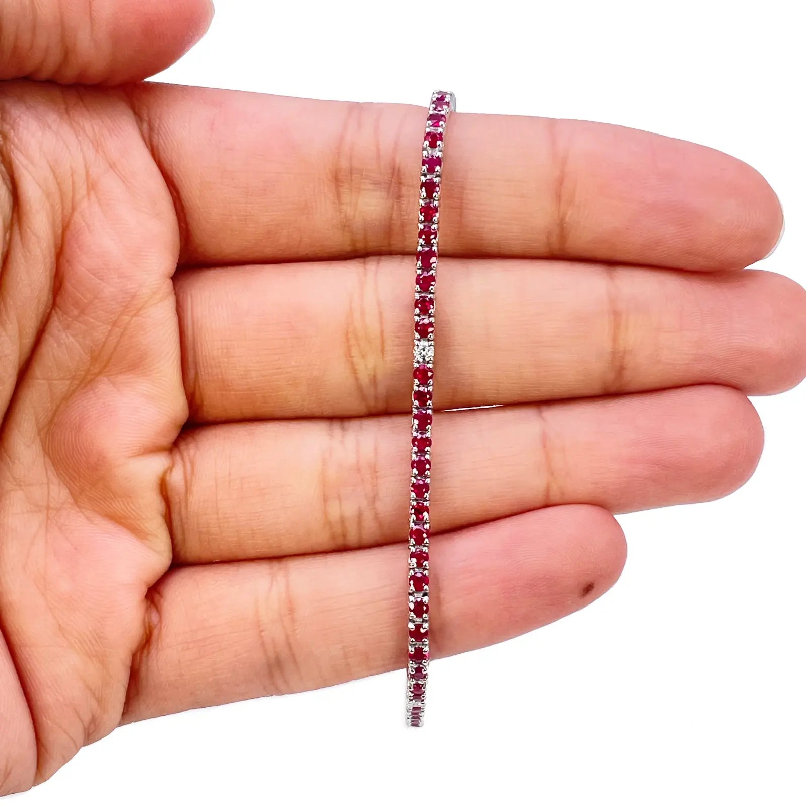 18ct White Gold Natural Round Ruby & Diamond Tennis Bracelet 2.94ct 7 Inches  Diamond Bracelets
