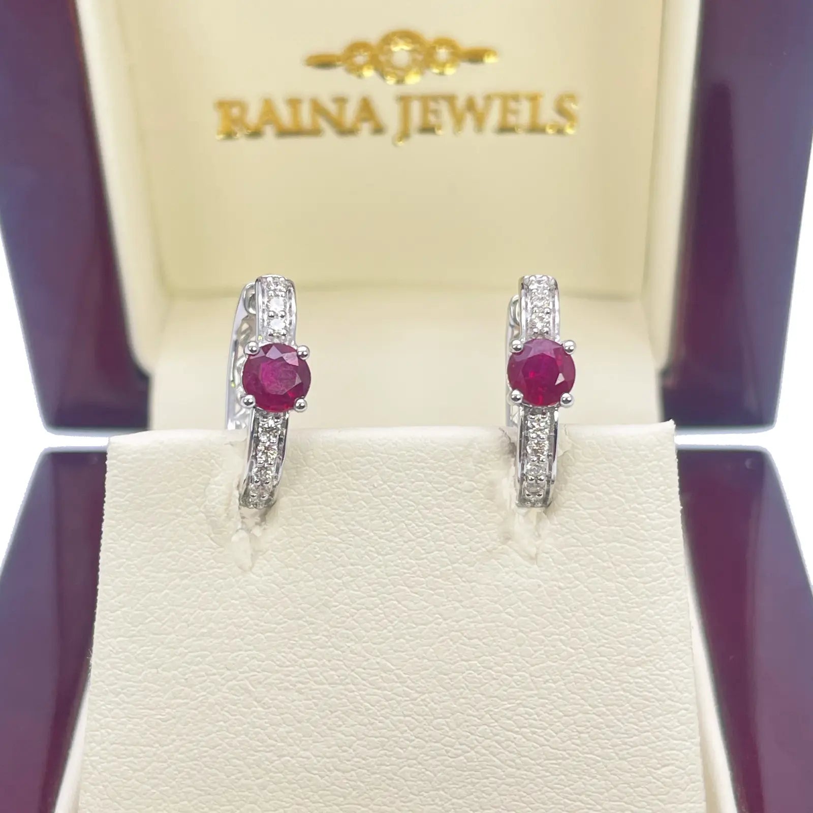 18ct White Gold Natural Ruby Prong & Diamond Huggie Hoop Earrings 0.92ct 