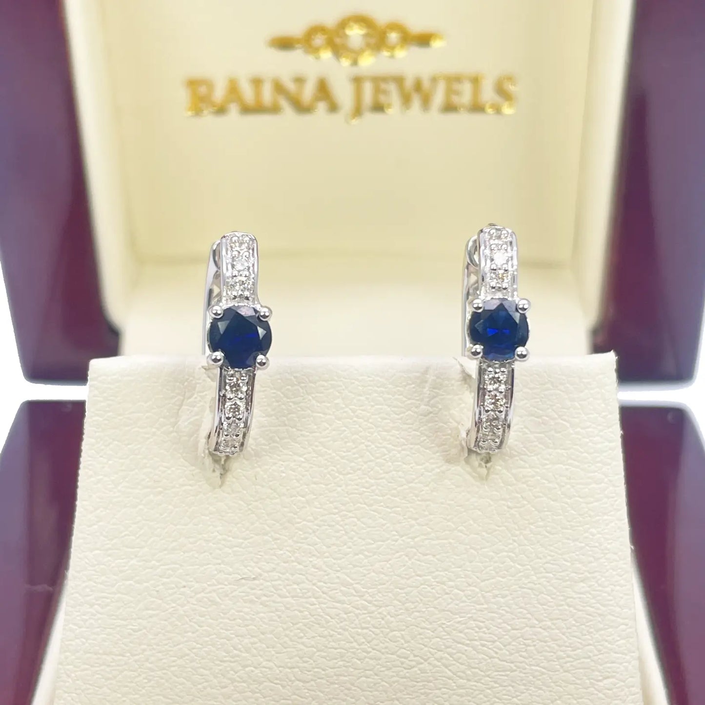 18ct White Gold Natural Sapphire Prong & Diamond Huggie Hoop Earrings 0.64ct 
