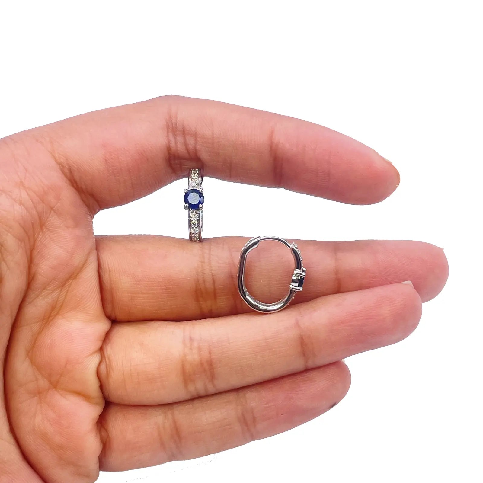 18ct White Gold Natural Sapphire Prong & Diamond Huggie Hoop Earrings 0.64ct 