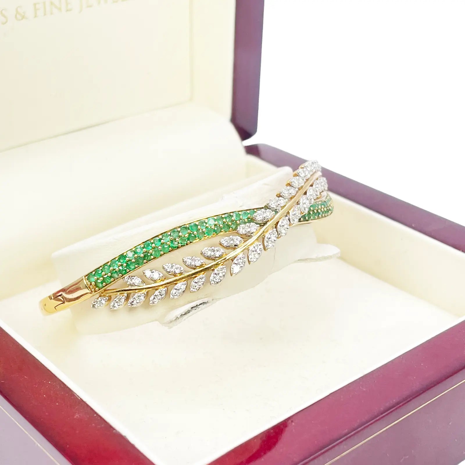 18ct Yellow Gold Diamond & Emerald Leaf Bangle Bracelet 2.17ct Diameter 2.2 Inch¬† Diamond Bracelets