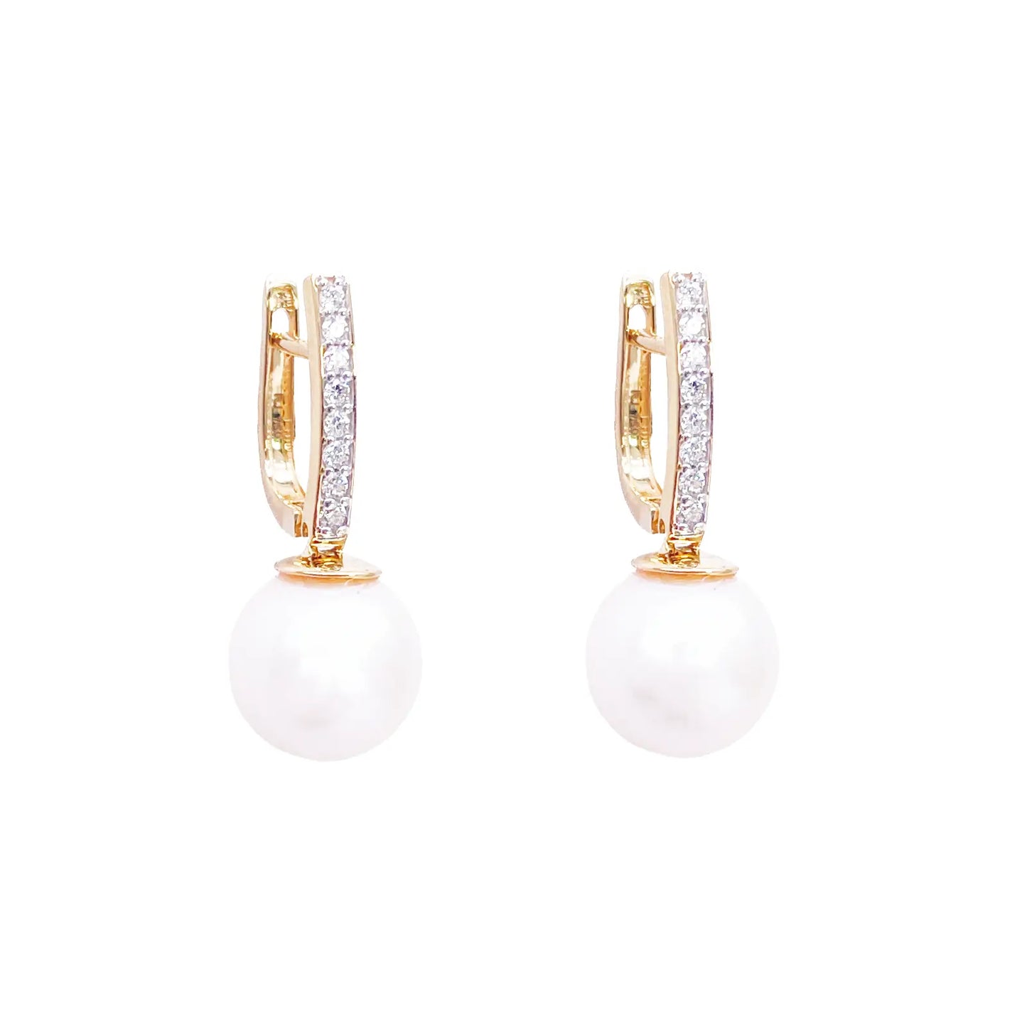 18ct Yellow Gold Freshwater Pearl & Diamonds Drop Hoop Huggie Earrings 0.10cts 