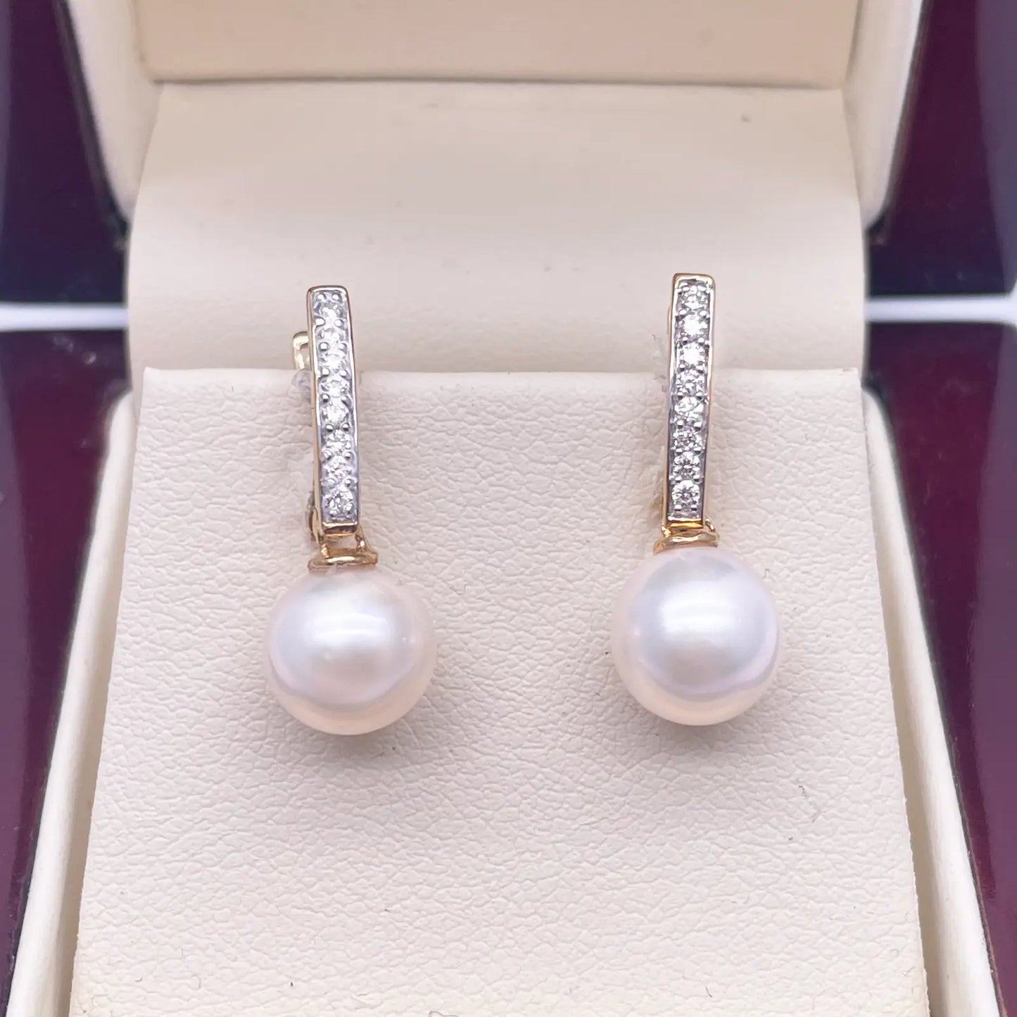 18ct Yellow Gold Freshwater Pearl & Diamonds Drop Hoop Huggie Earrings 0.10cts 