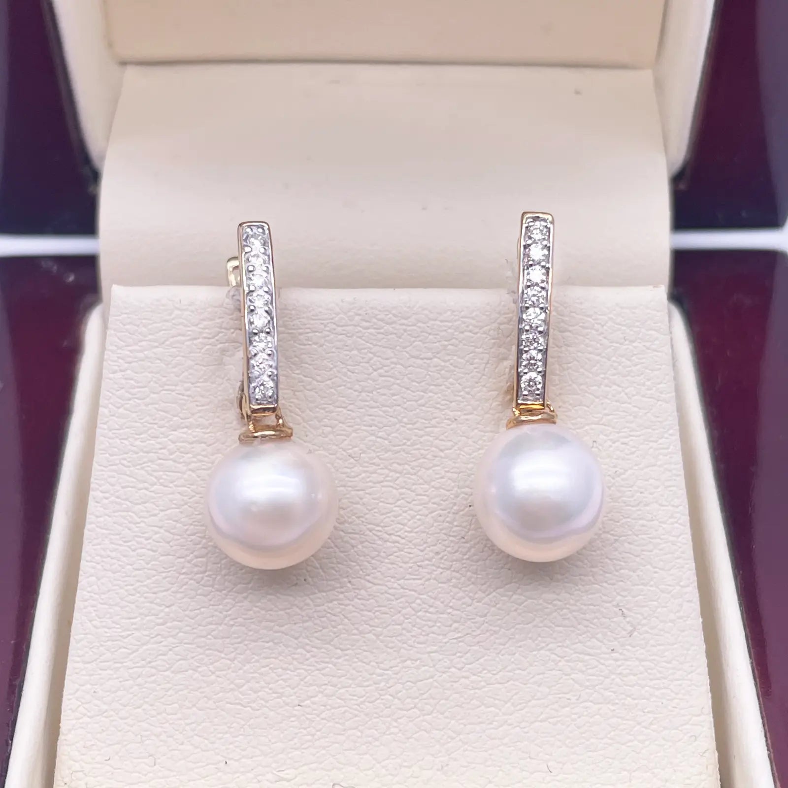 18ct Yellow Gold Freshwater Pearl & Diamonds Drop Hoop Huggie Earrings 0.10cts 