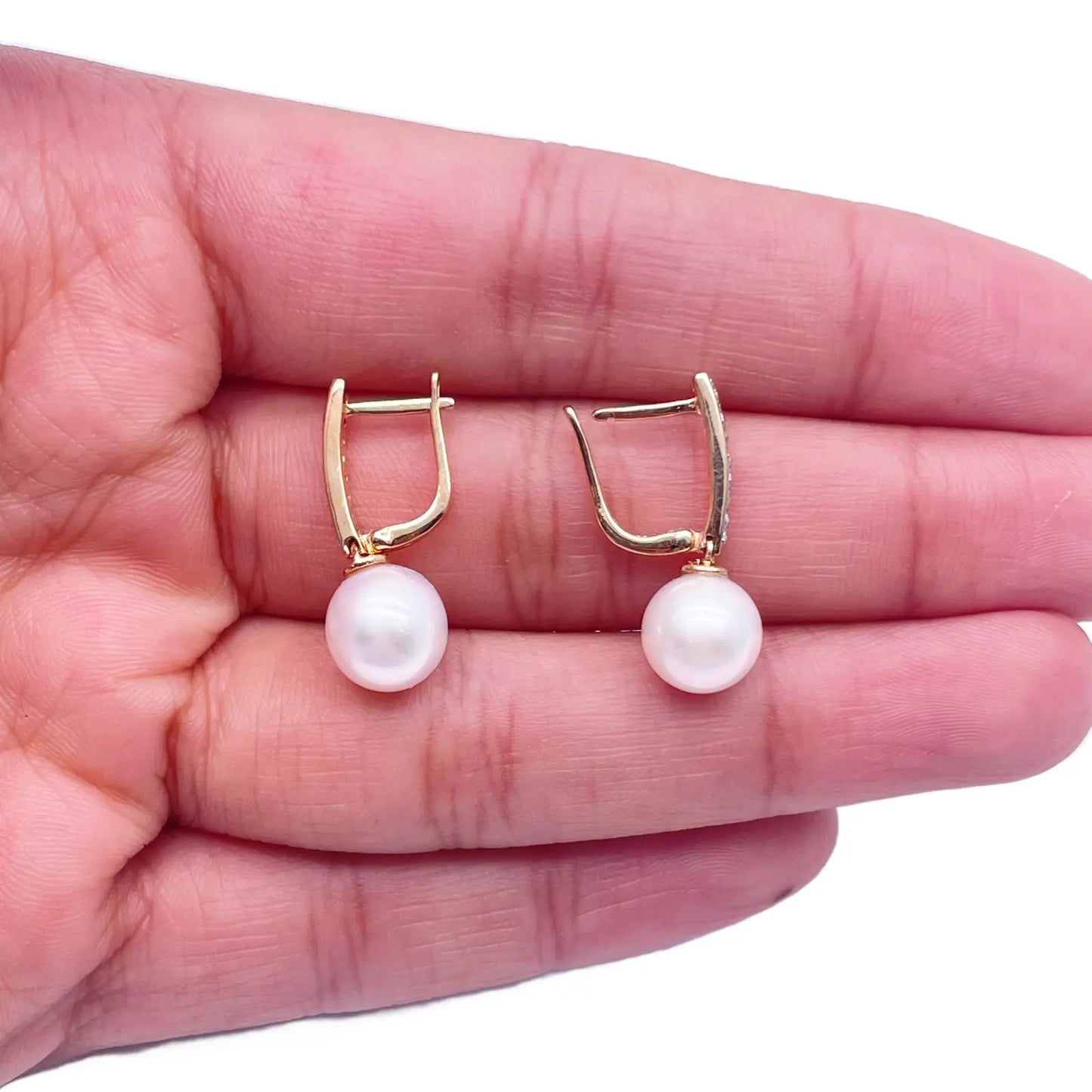 18ct Yellow Gold Freshwater Pearl & Diamonds Drop Hoop Huggie Earrings 0.10cts 